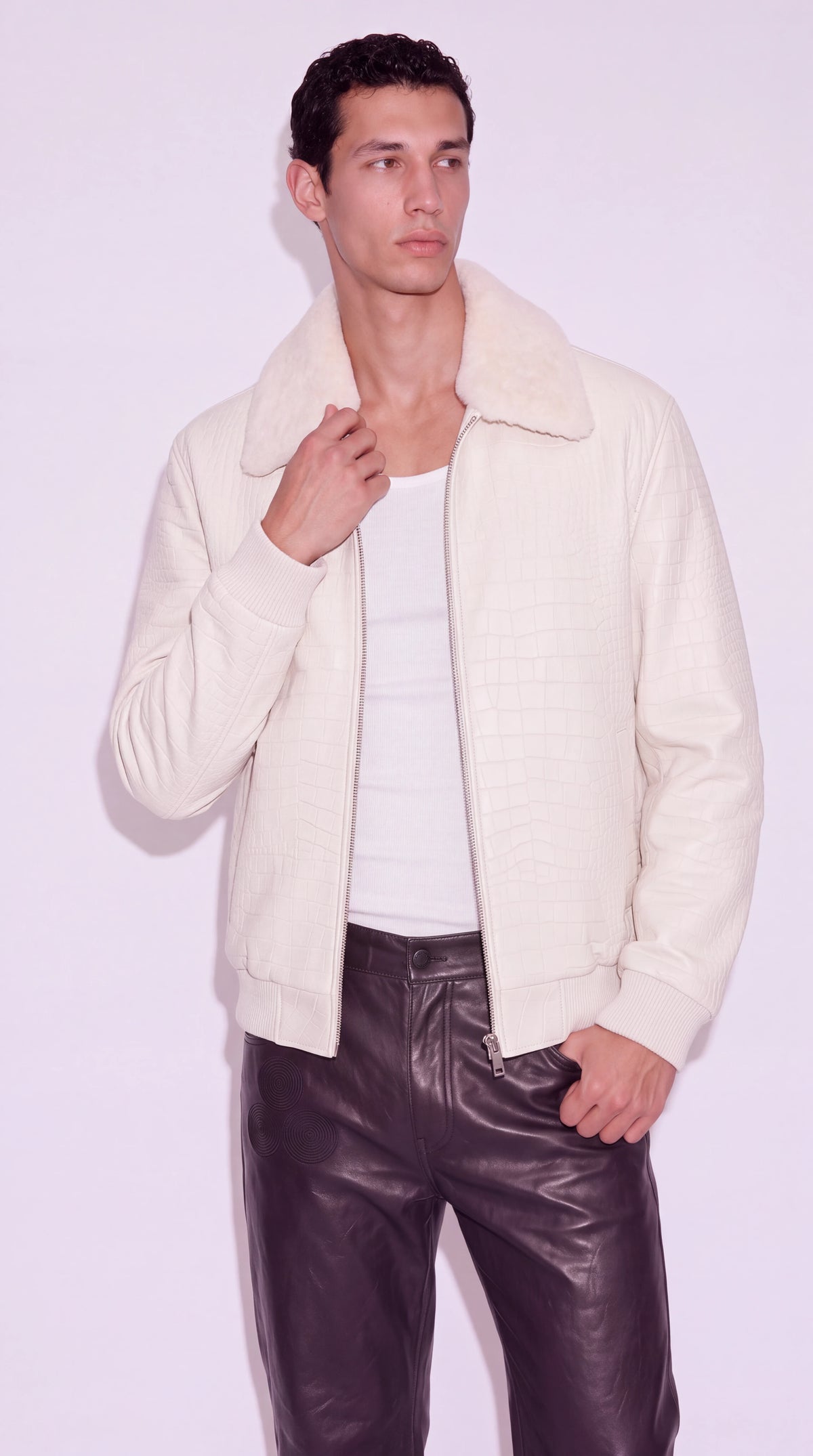The Noir St James's ivory croc-embossed leather bomber jacket by Christopher Noir, styled view, collar detail