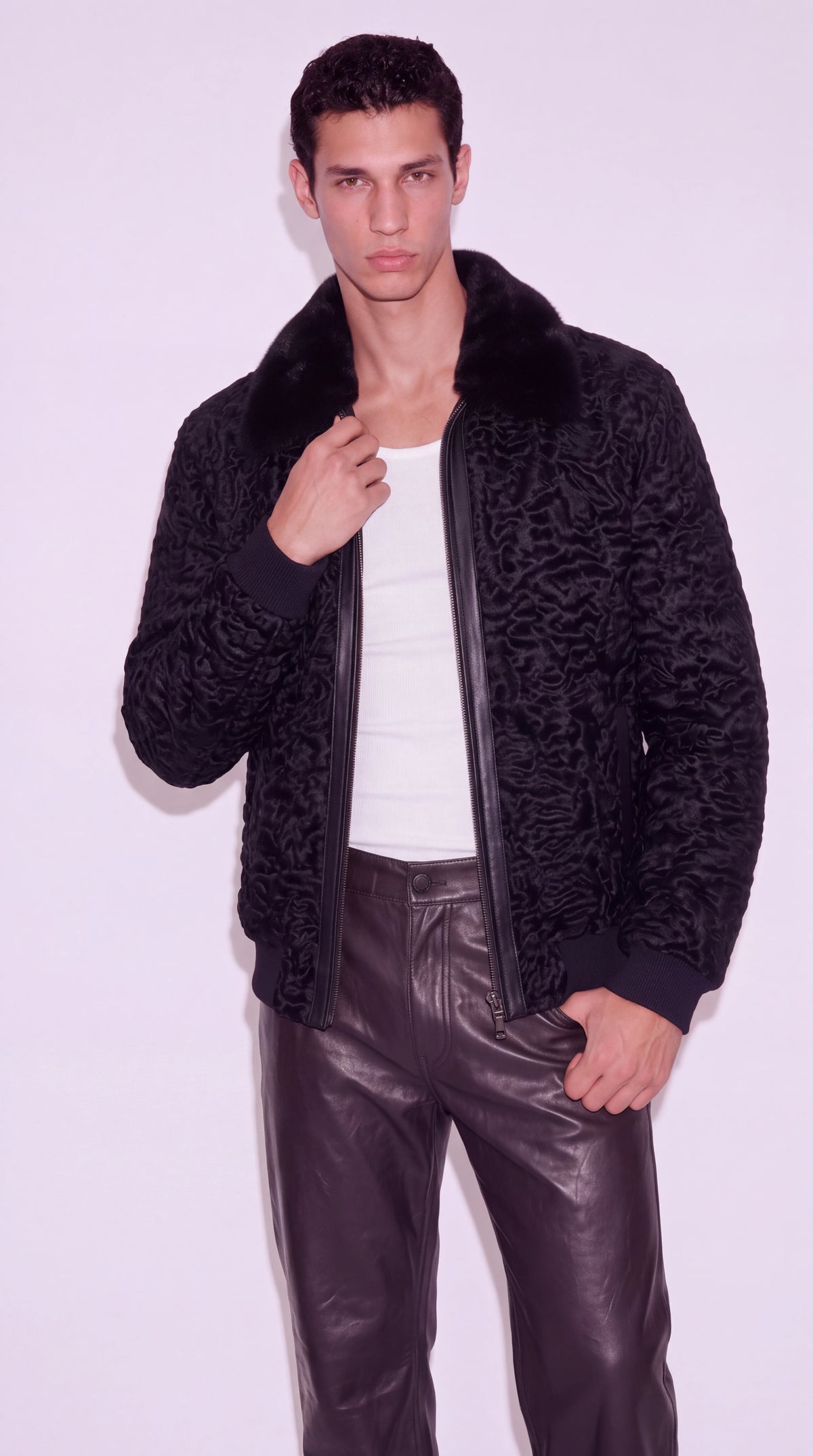 The Noir Westminster black astrakhan bomber jacket by Christopher Noir, styled view, collar detail