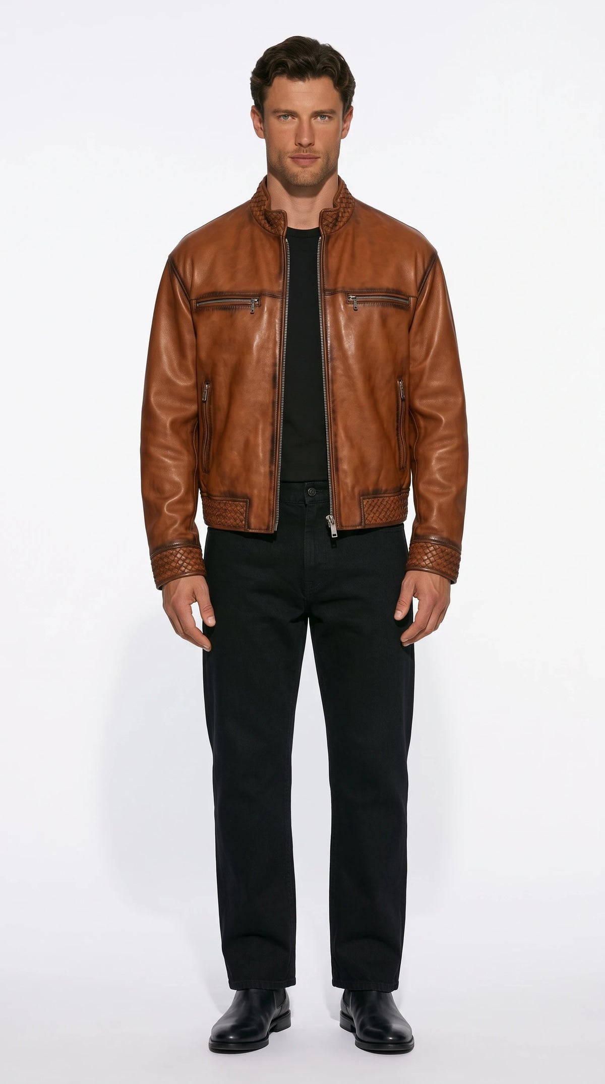 The Noir Tamar cognac cowhide leather racer jacket by Christopher Noir