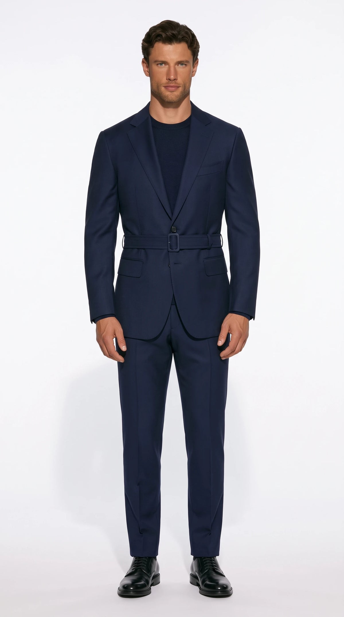 Christopher Noir Belted Tailored Suit in navy with a self-fabric belt at the natural waist