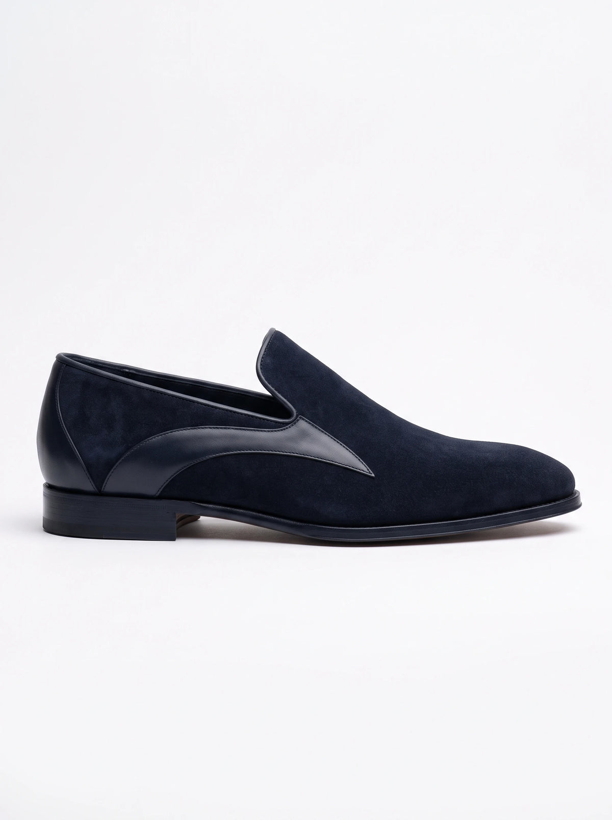 The Noir Derwent navy suede and nappa Venetian loafer by Christopher Noir