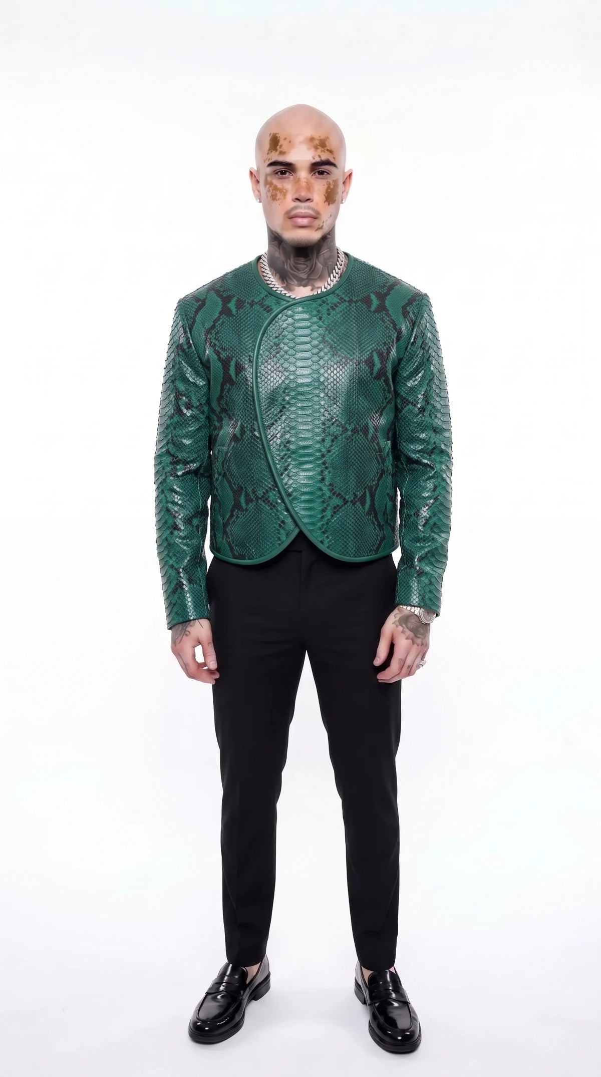 The Noir Chiswick emerald python-embossed crescent jacket by Christopher Noir, front view