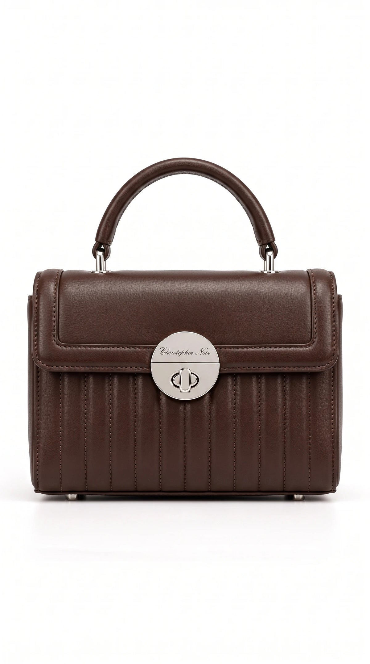 Christopher Noir Abingdon chocolate brown ribbed leather top-handle handbag with silver twist-lock clasp