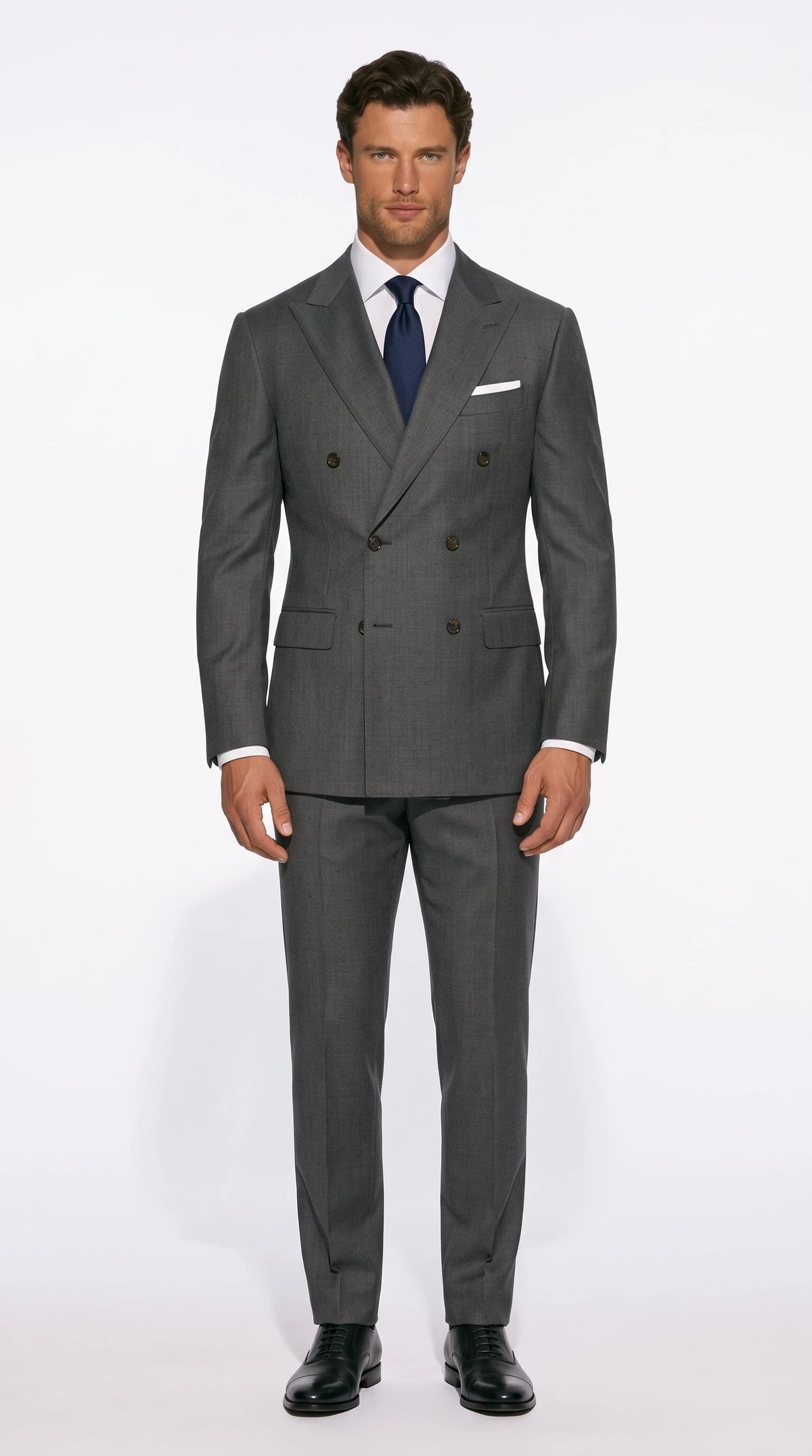 Christopher Noir classic double-breasted 4x2 suit in mid grey with peak lapels