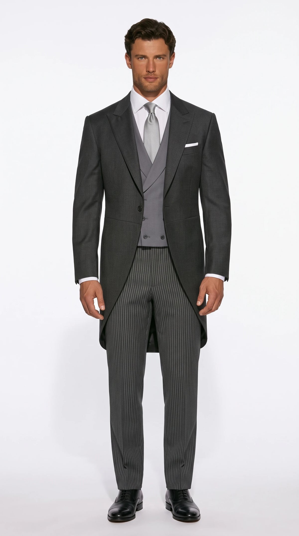 Christopher Noir classic morning suit with charcoal cutaway coat, grey double-breasted waistcoat and striped trousers