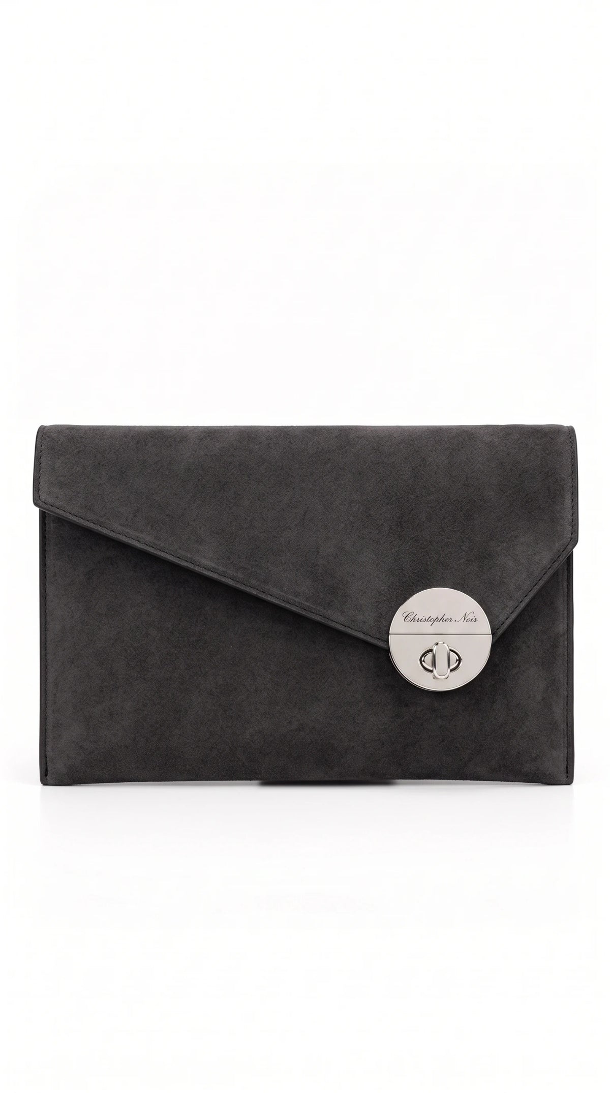 Christopher Noir Haslemere charcoal suede envelope clutch with silver twist-lock clasp