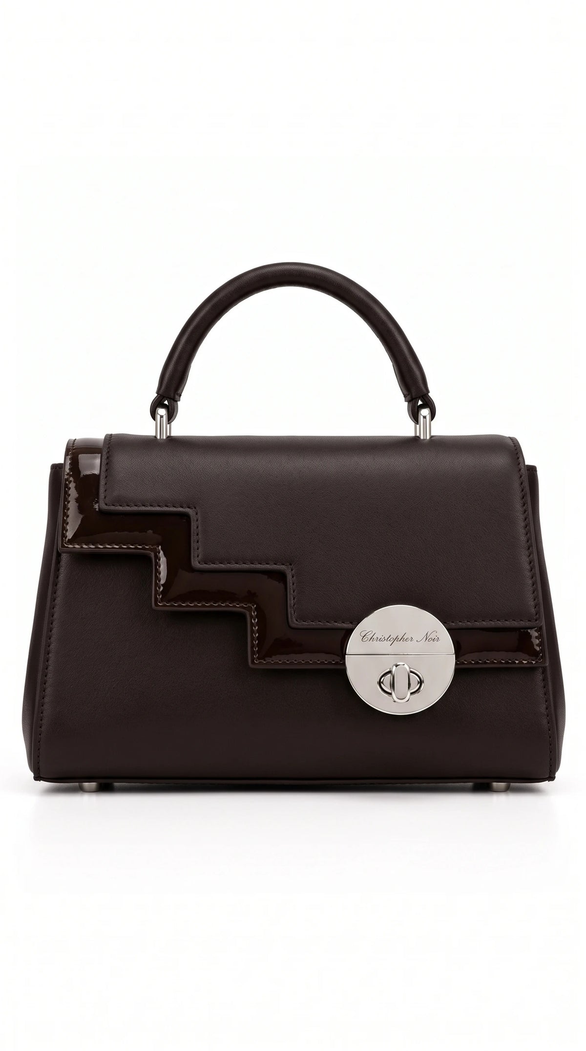 Christopher Noir Hexham espresso brown leather top-handle handbag with stepped patent trim