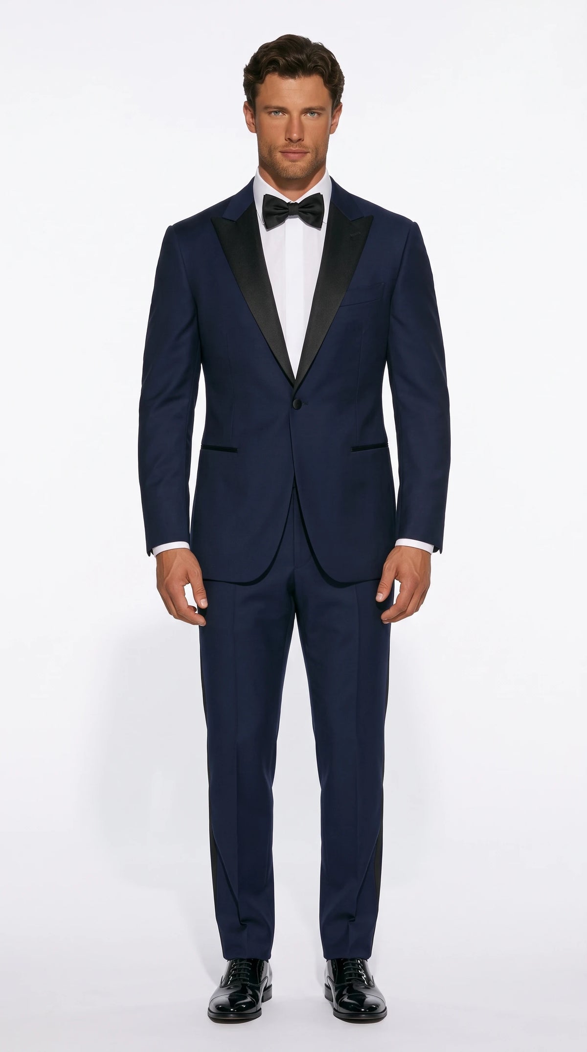 Christopher Noir peak-lapel tuxedo in midnight navy with black satin lapels