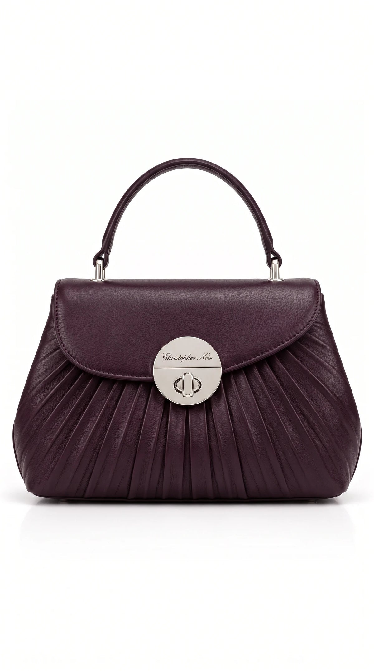 Christopher Noir Thornbury aubergine pleated leather top-handle handbag with silver twist-lock clasp