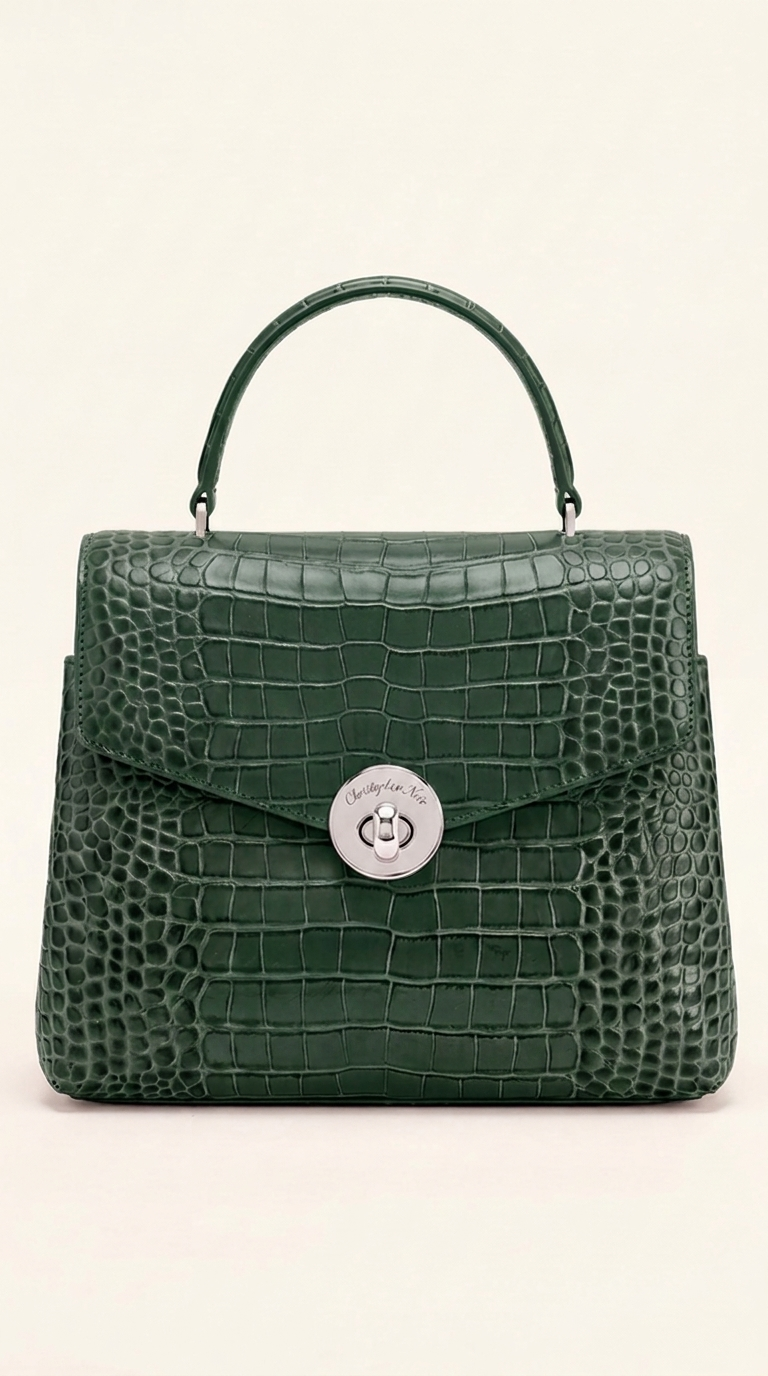 Kelvedon croc-embossed leather top-handle handbag in forest green, front view