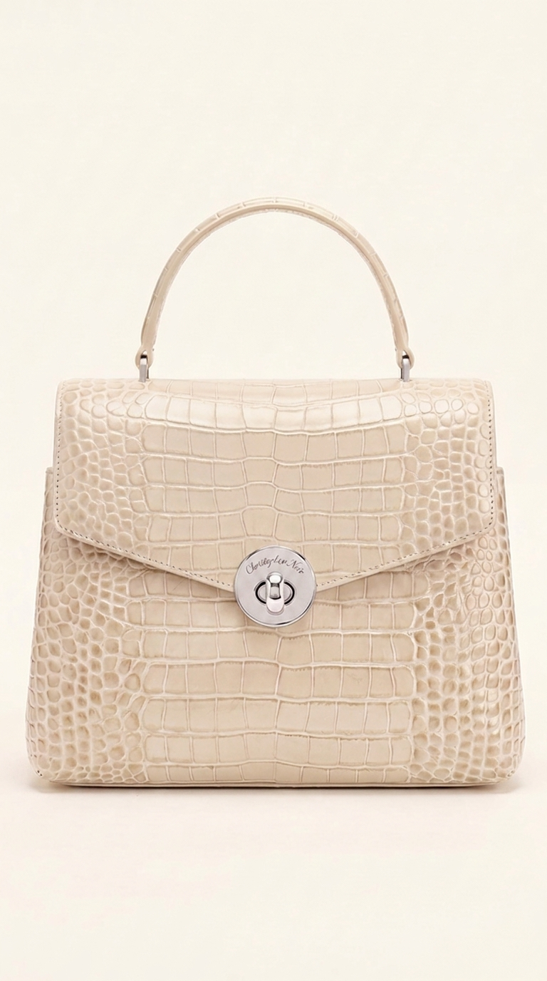 Kelvedon croc-embossed leather top-handle handbag in cream ivory, front view