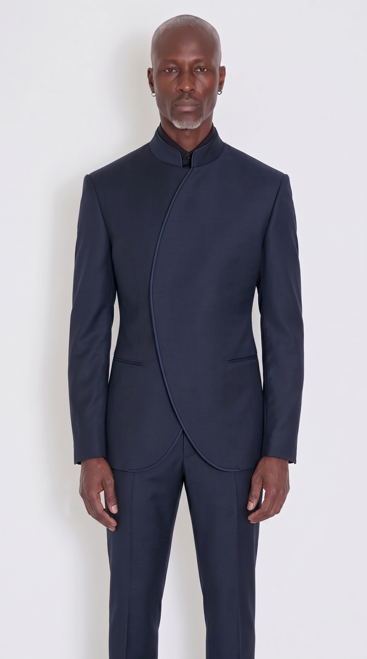 The Noir Crescent Suit — midnight navy curved wrap-front mandarin collar suit