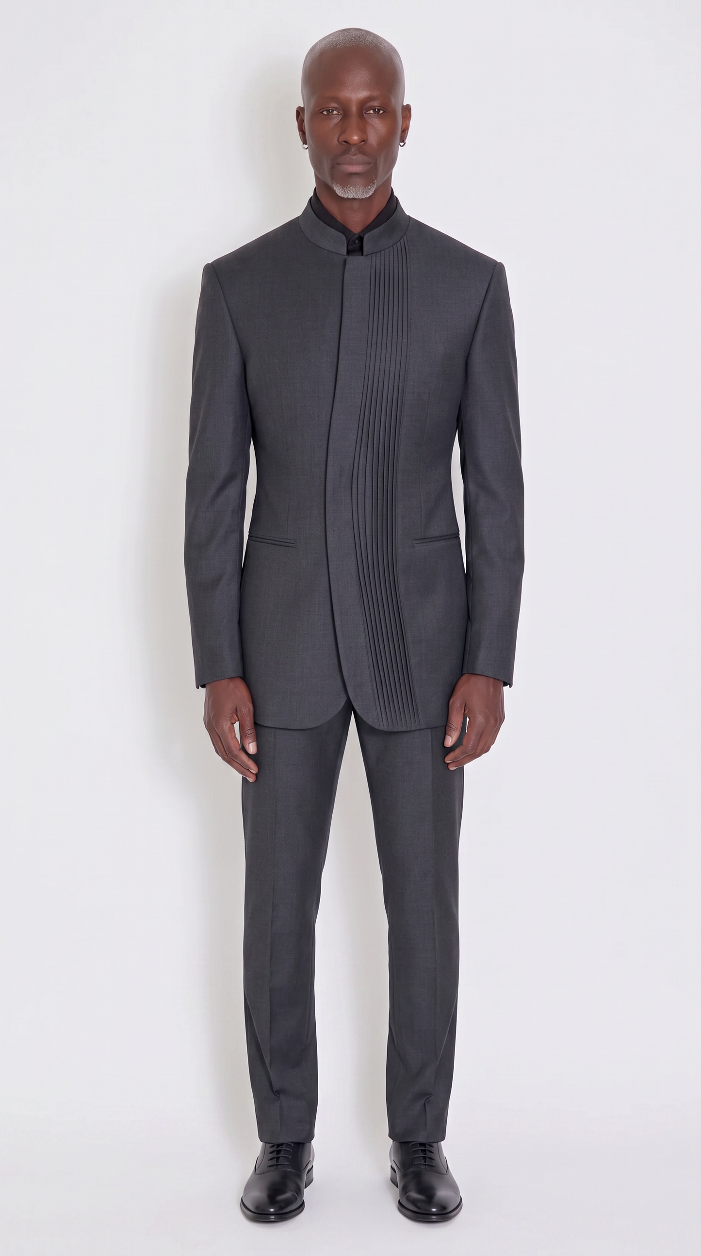 The Noir Cadence Suit — charcoal knife-pleat mandarin collar suit