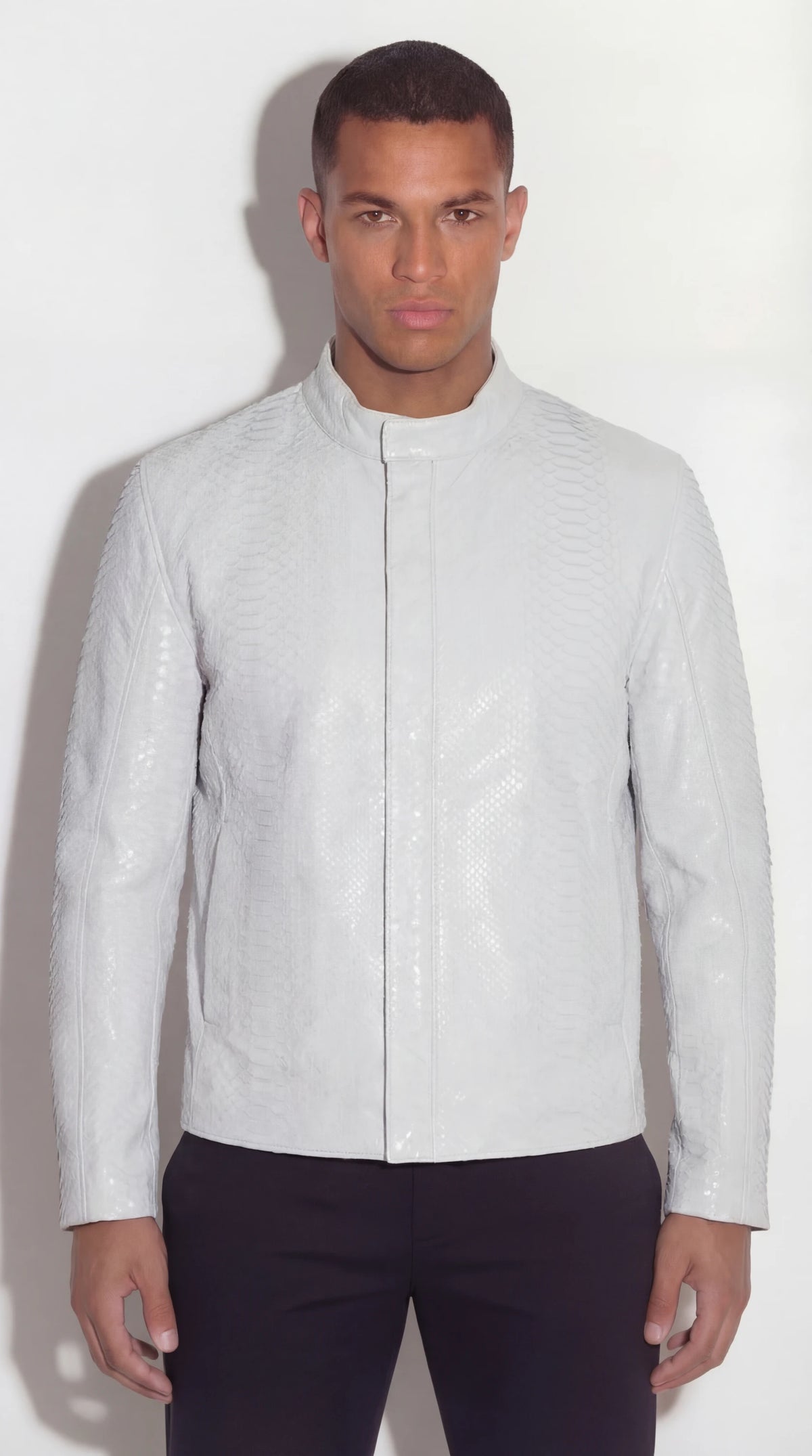The Noir Mortlake white python-embossed leather racer jacket by Christopher Noir, front view