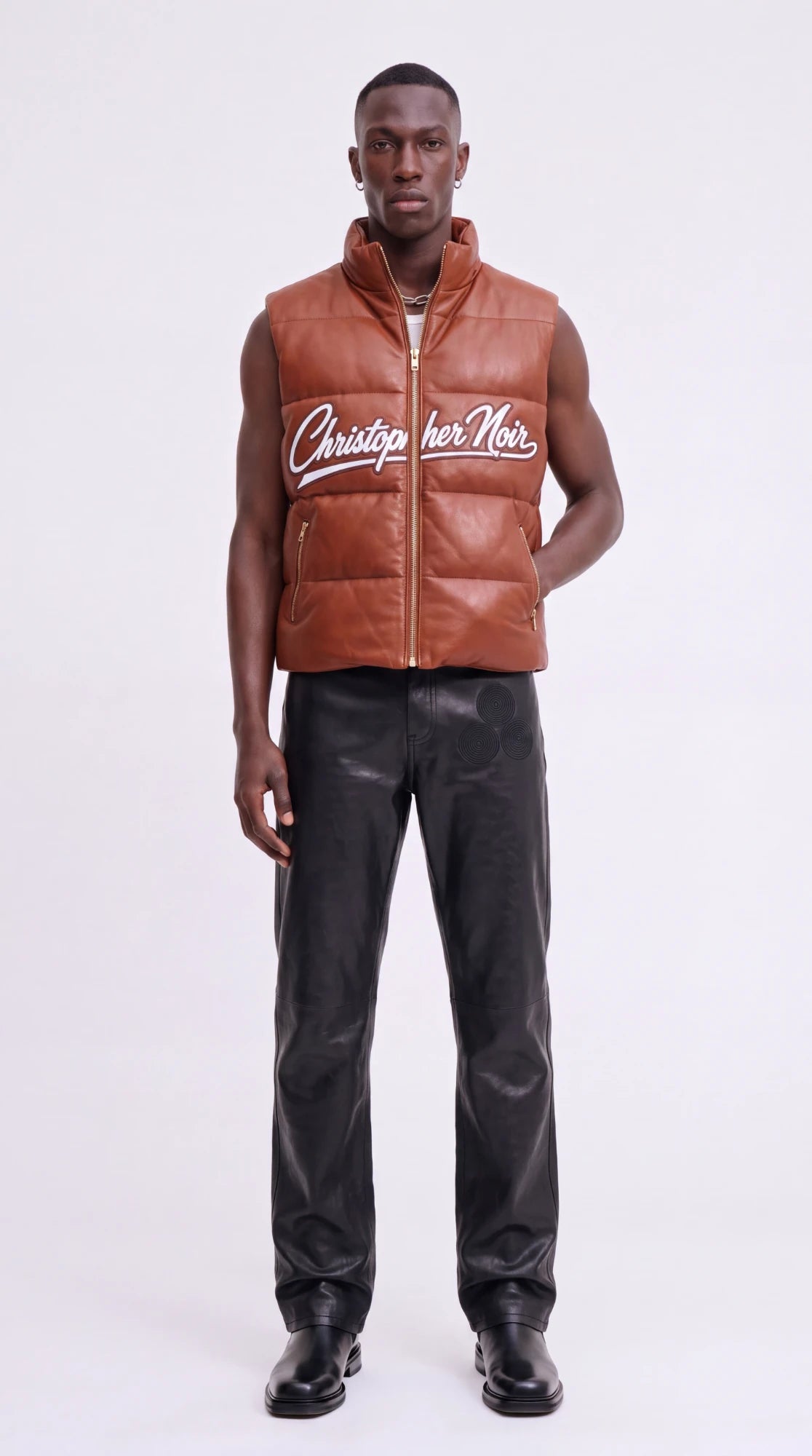 The Noir Barra cognac leather signature puffer gilet by Christopher Noir