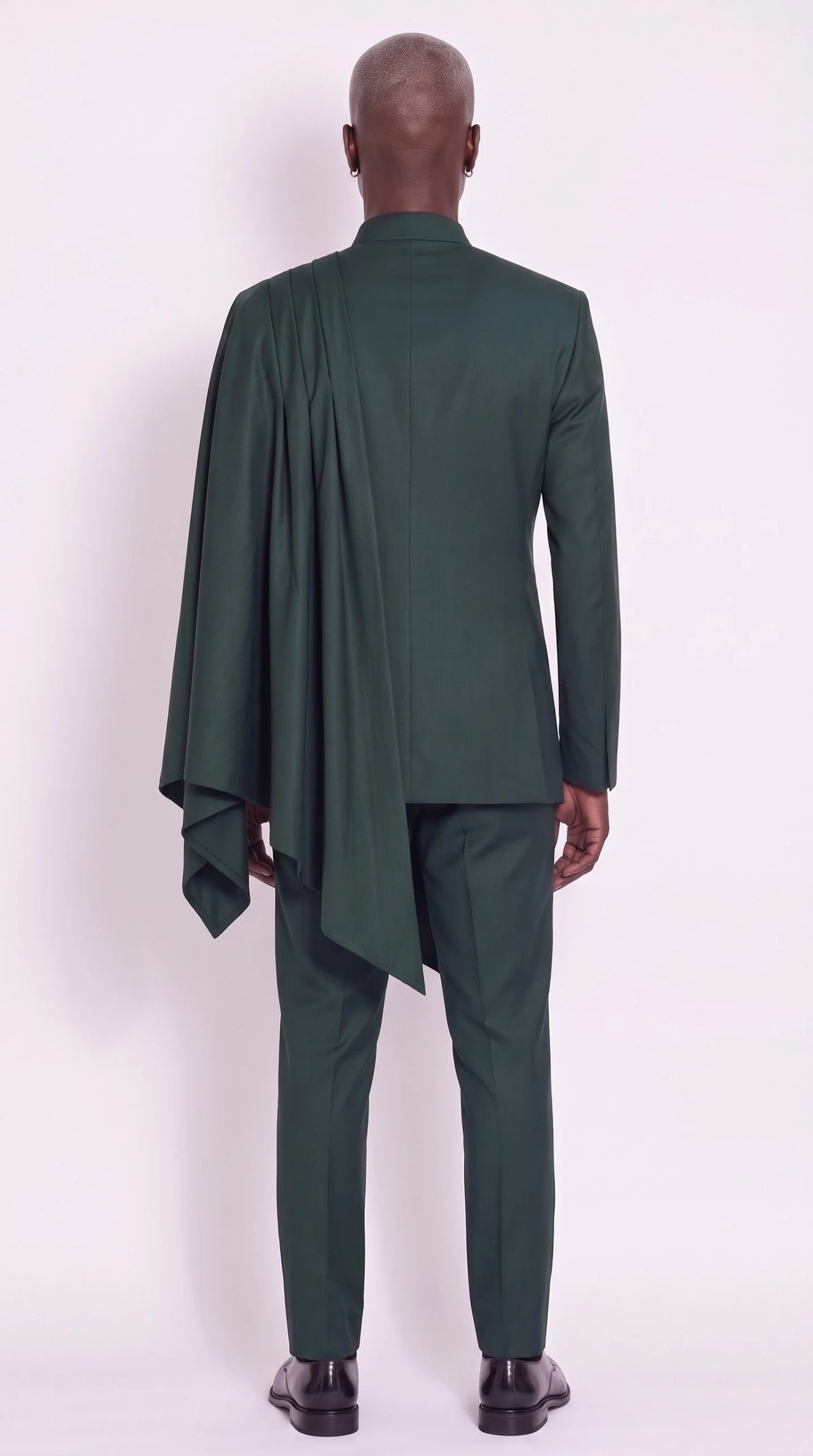 The Noir Cascade Suit — Forest Green Pleated-Drape Suit — back view, Christopher Noir