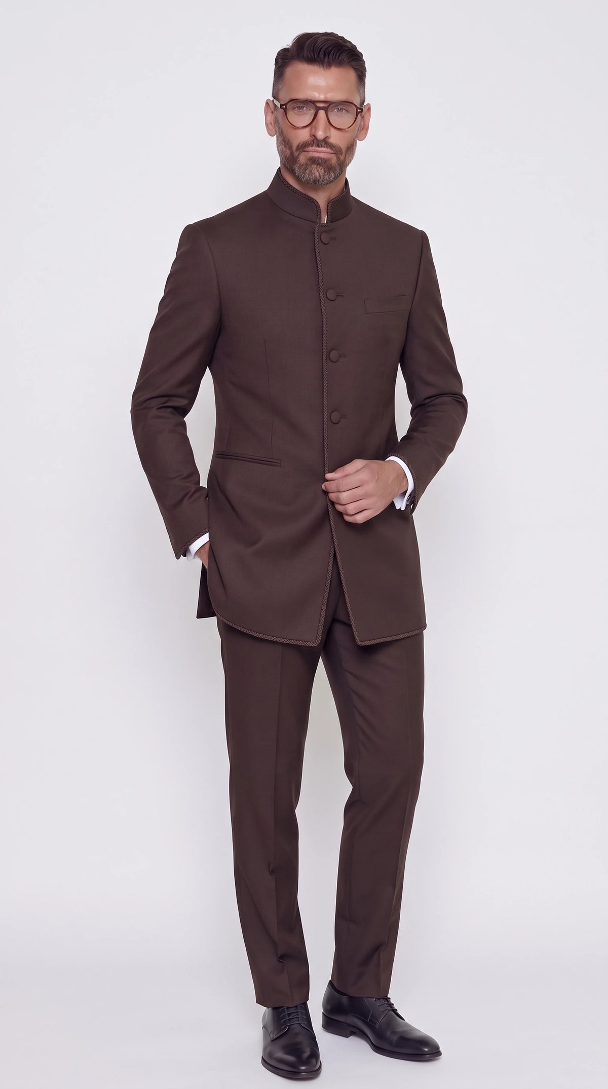The Noir Corded Bandhgala Suit — Chocolate Braid-Trim Suit — front view, bandhgala collar, braided cord trim and covered buttons, Christopher Noir
