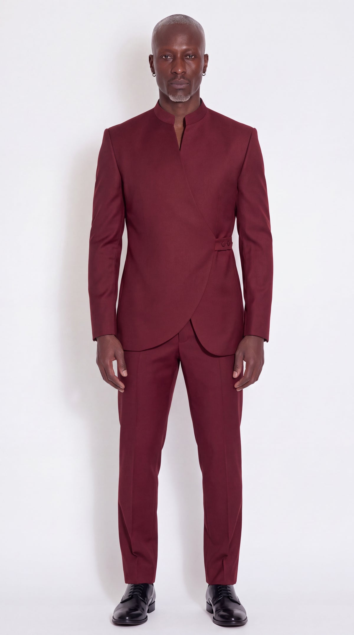 The Noir Crest Suit — Burgundy Tab-Fastened Wrap Suit — front view