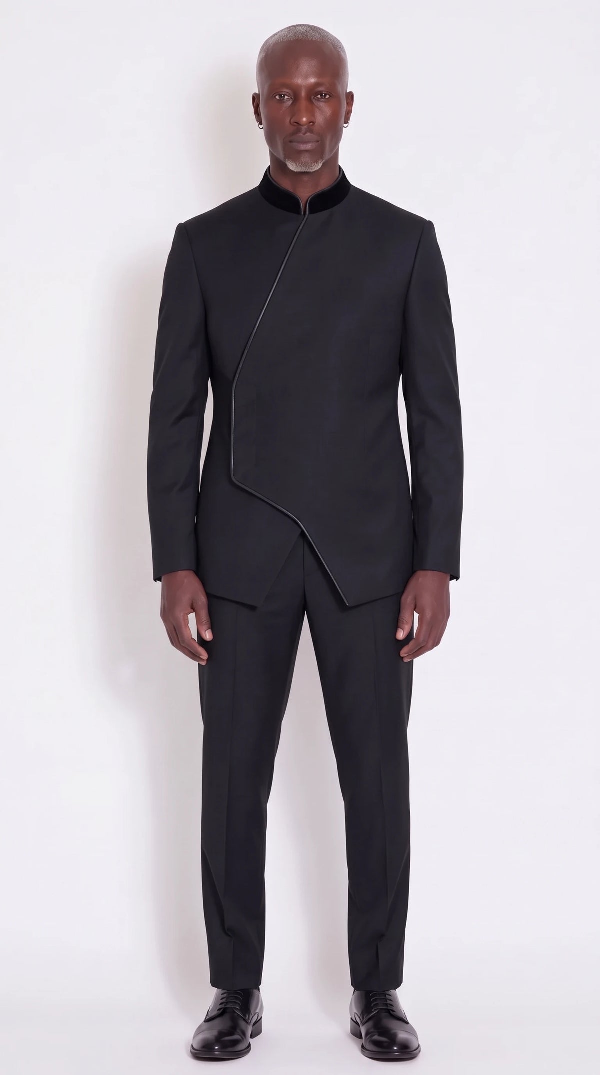 The Noir Dominion II Suit — Ink Black Angular-Piped Suit — front view, contrast collar and piped angular asymmetric front, Christopher Noir
