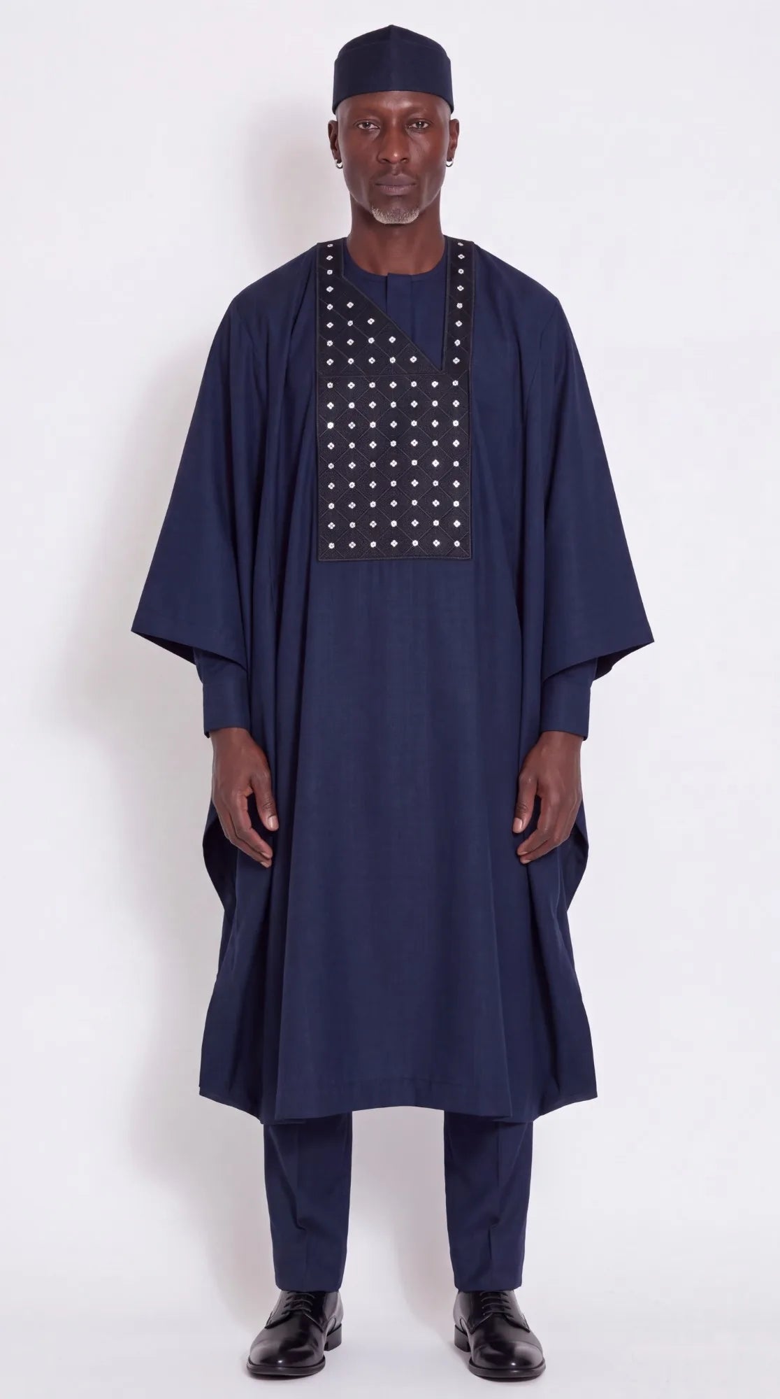 Noir Nocturne Agbada — midnight navy men's agbada set, worn on model