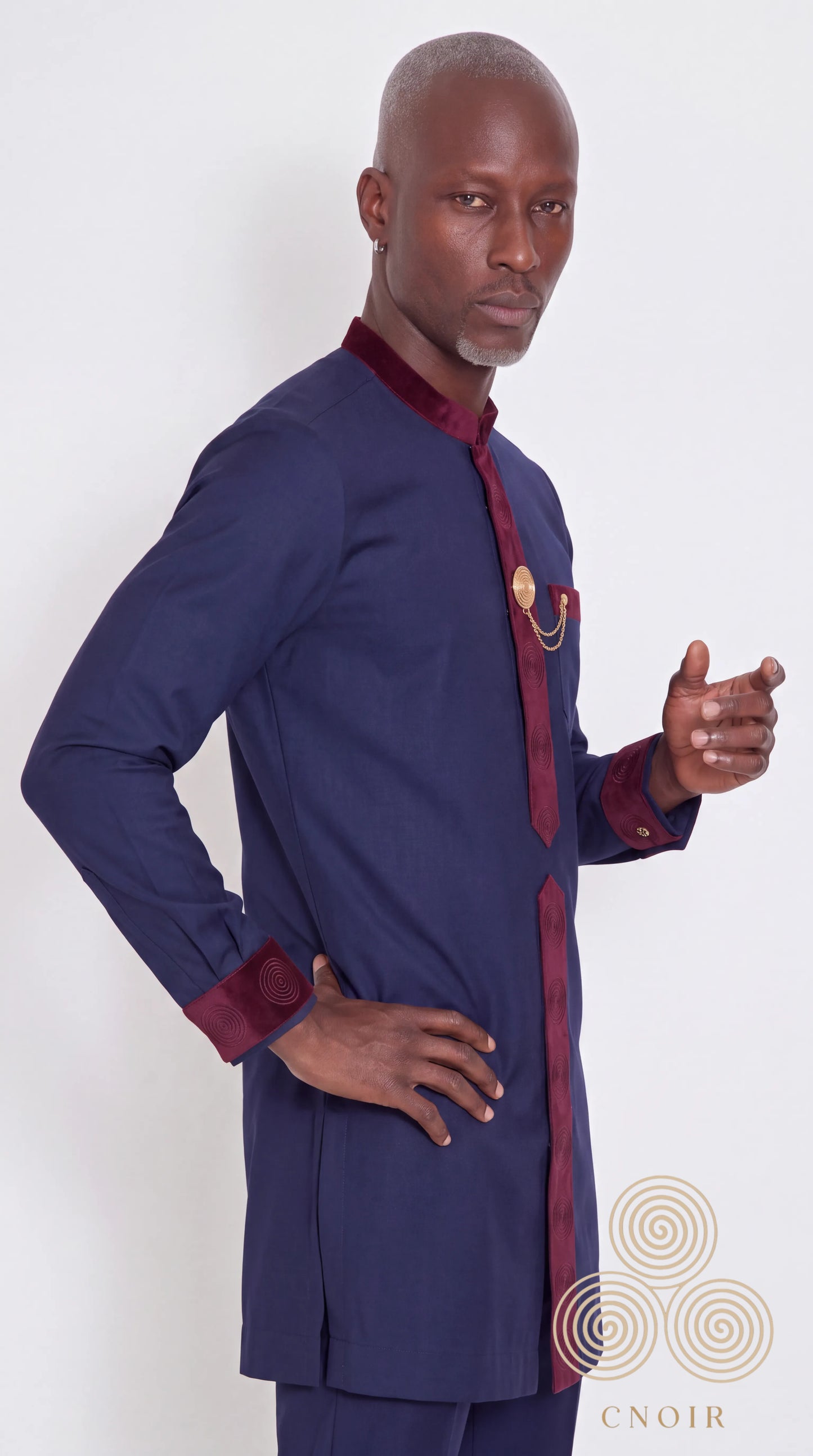 Navy & Burgundy Velvet-Trim Kaftan