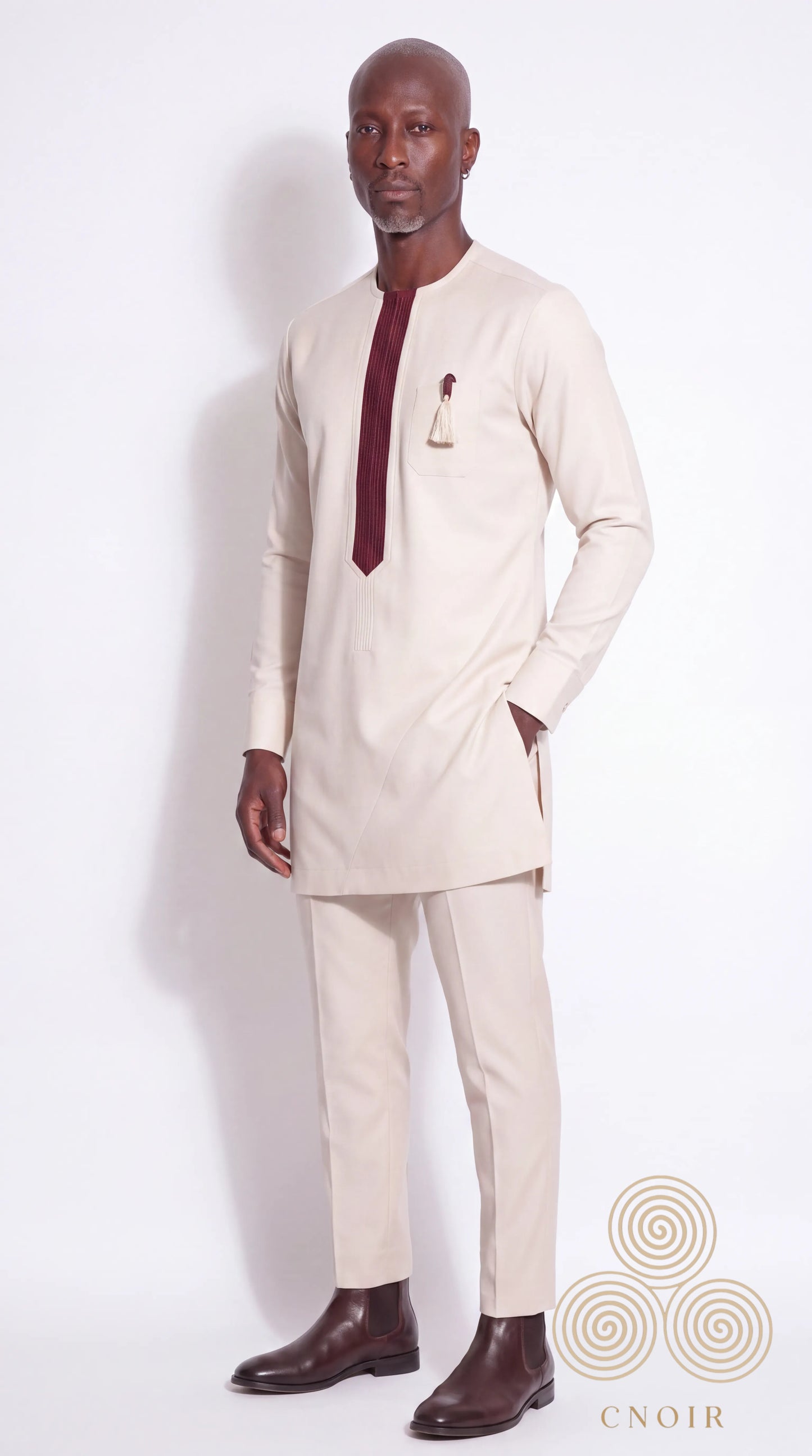 Ivory Burgundy Pleat-Panel Kaftan