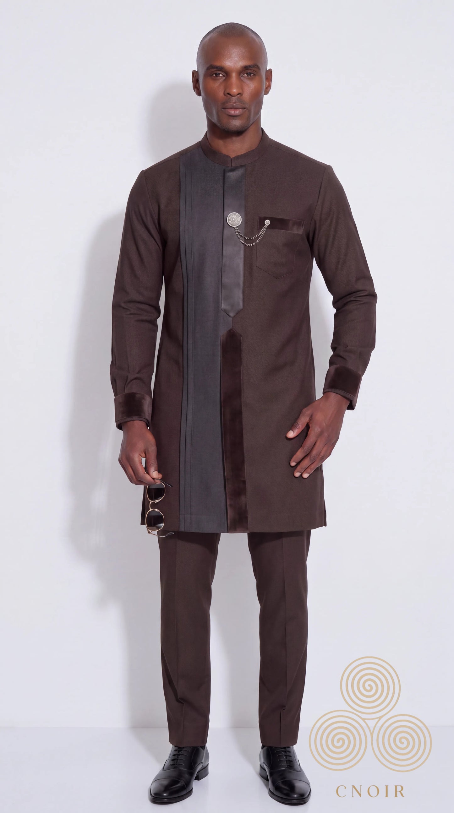 Chocolate Brown Satin-Panel Chain Kaftan