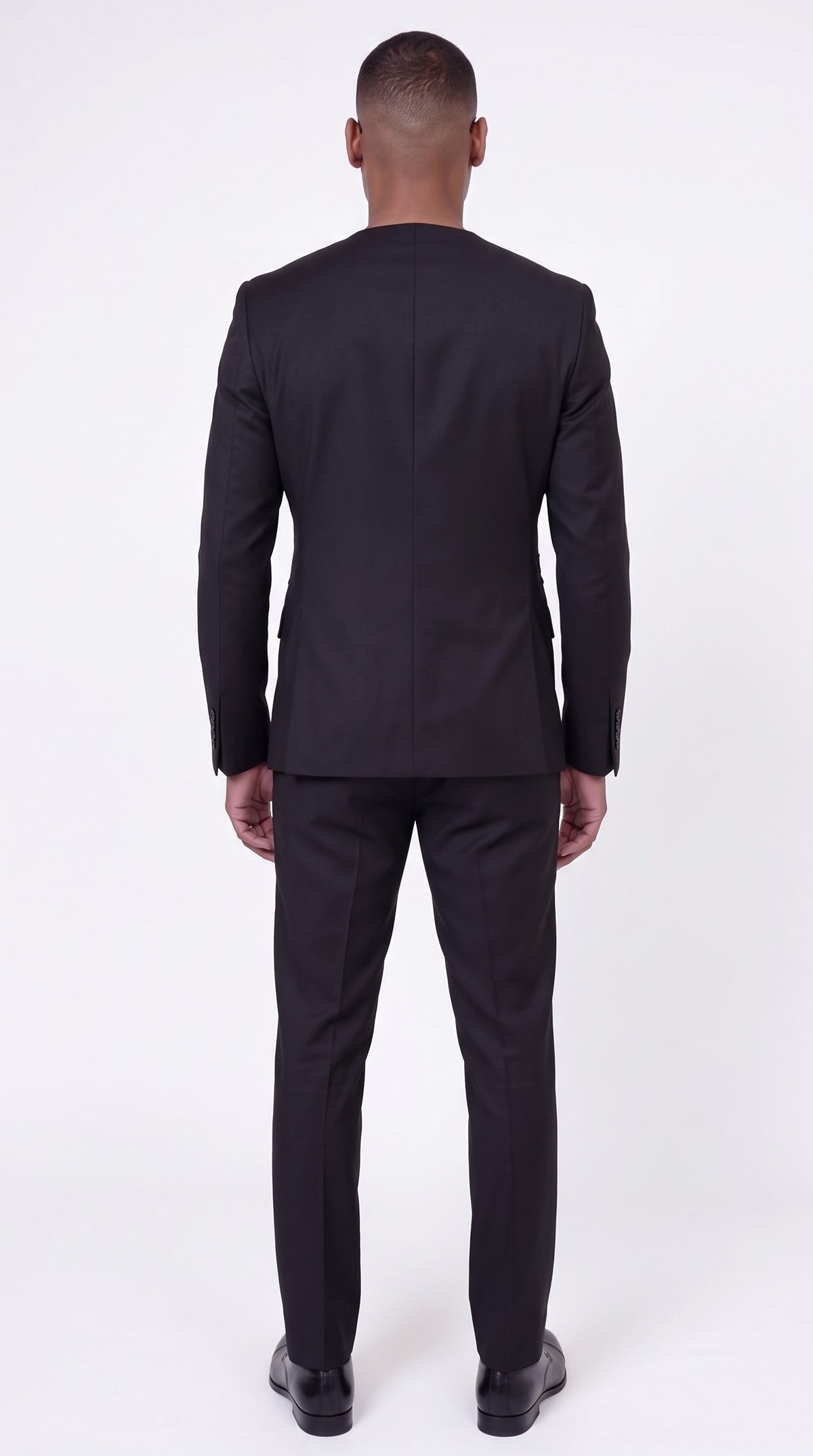 The Noir Eclipse Suit — Collarless V-Neck Suit – back view, Christopher Noir
