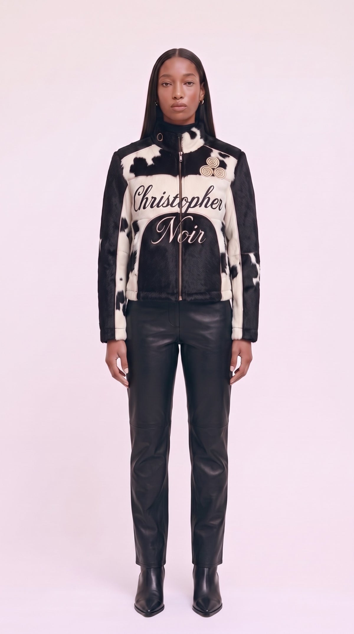 The Noir Eigg — Black & White Hair-On Cowhide Signature Racer Jacket – on model, Christopher Noir
