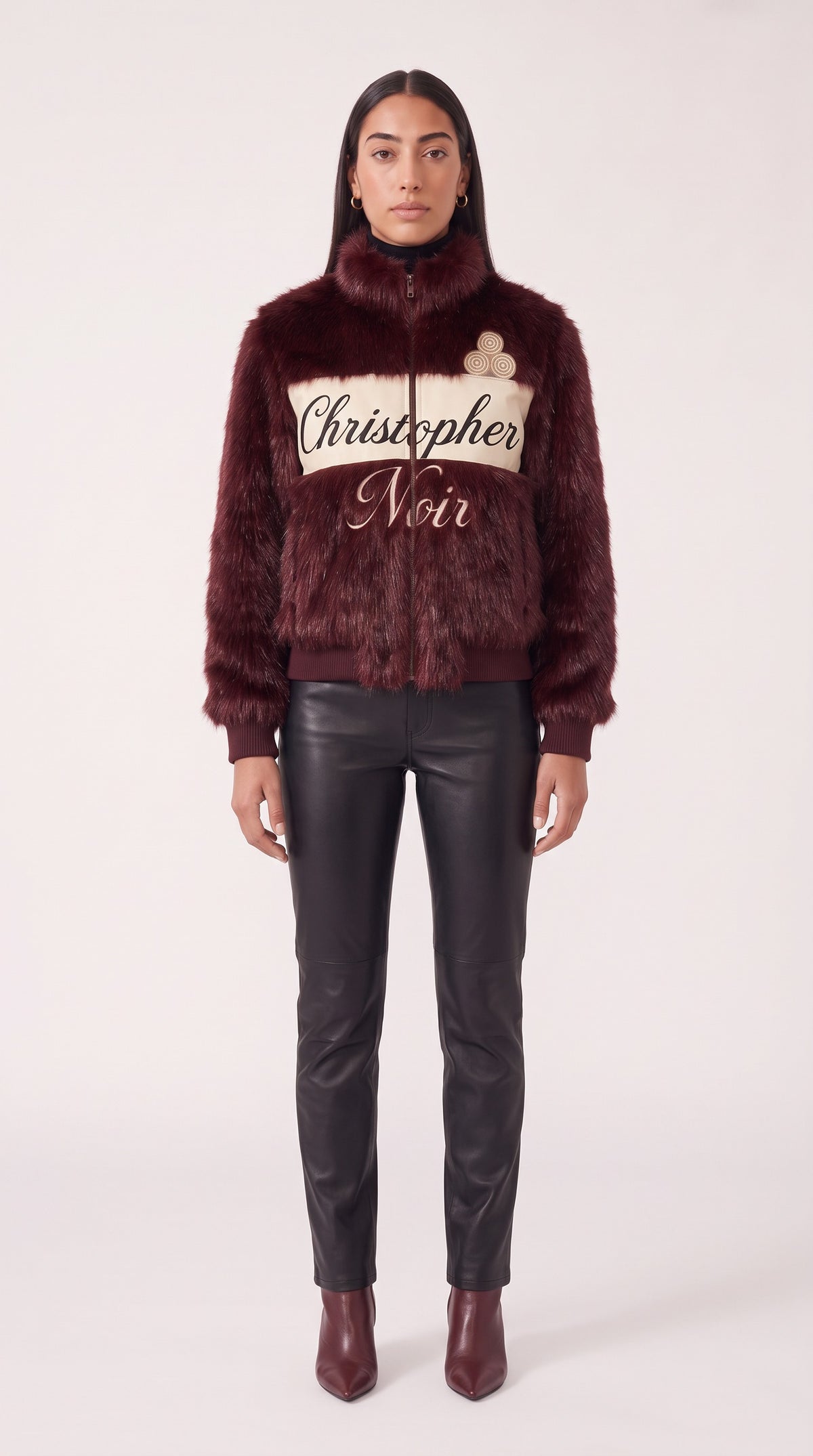 The Noir Eriskay — Burgundy Faux-Fur Signature Bomber Jacket – on model, Christopher Noir