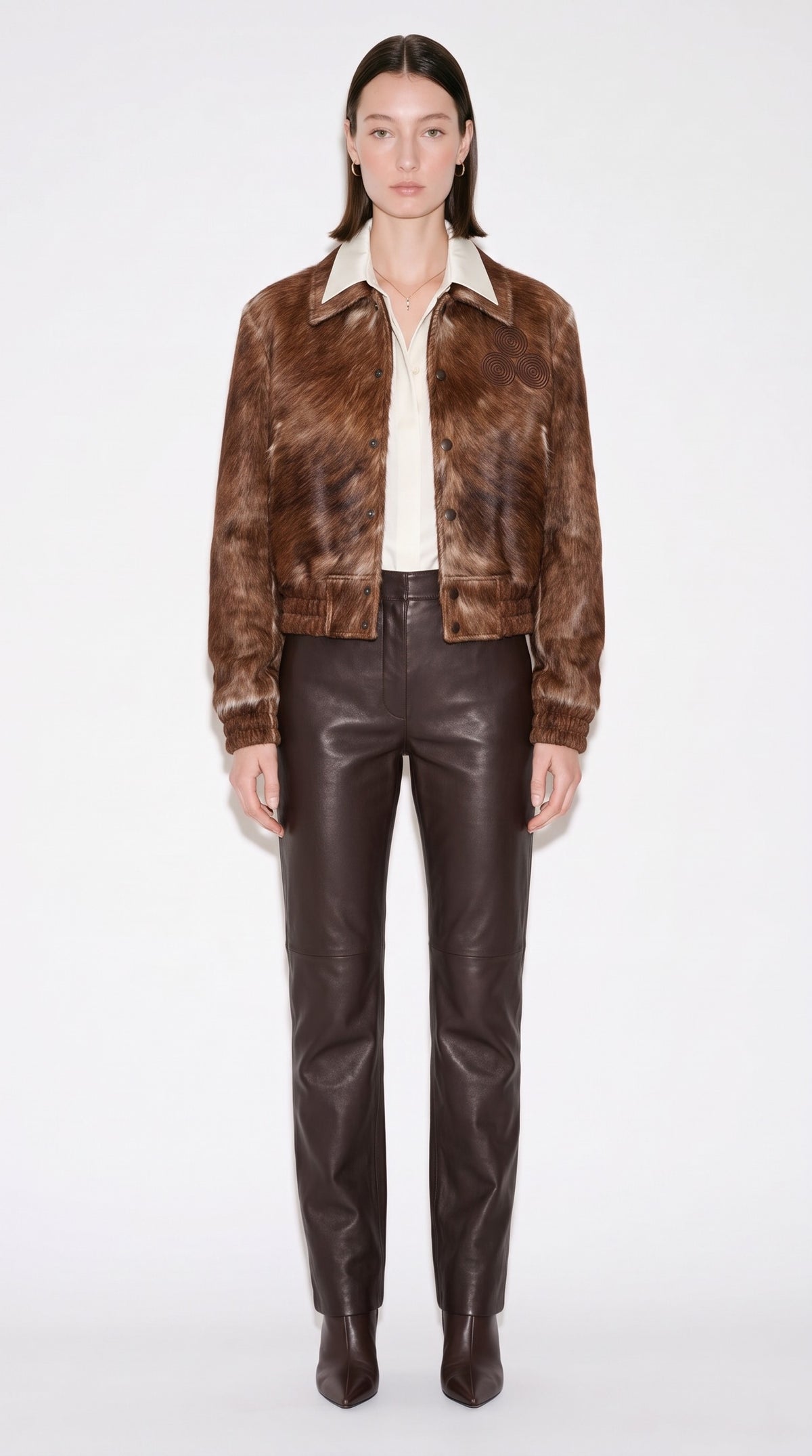 The Noir Lismore — Cognac Hair-On Calf Bomber Jacket – on model, Christopher Noir
