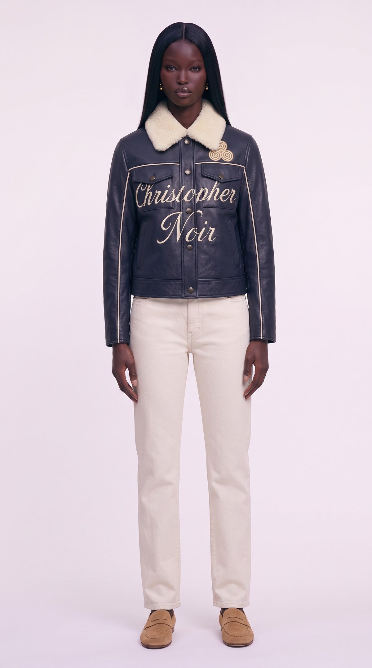The Noir Luing — Navy Leather Shearling-Collar Signature Trucker Jacket – on model, Christopher Noir