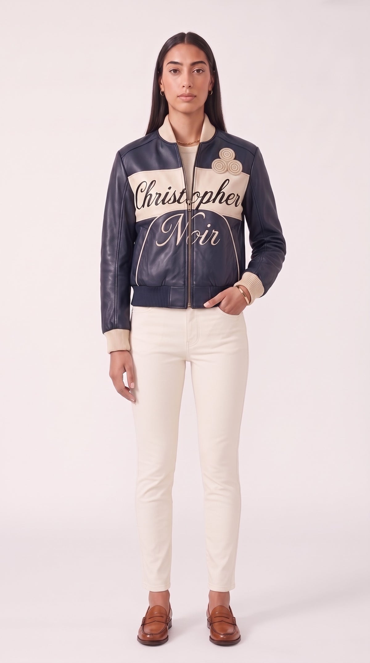 The Noir Rum — Navy Leather Signature Varsity Jacket – on model, Christopher Noir