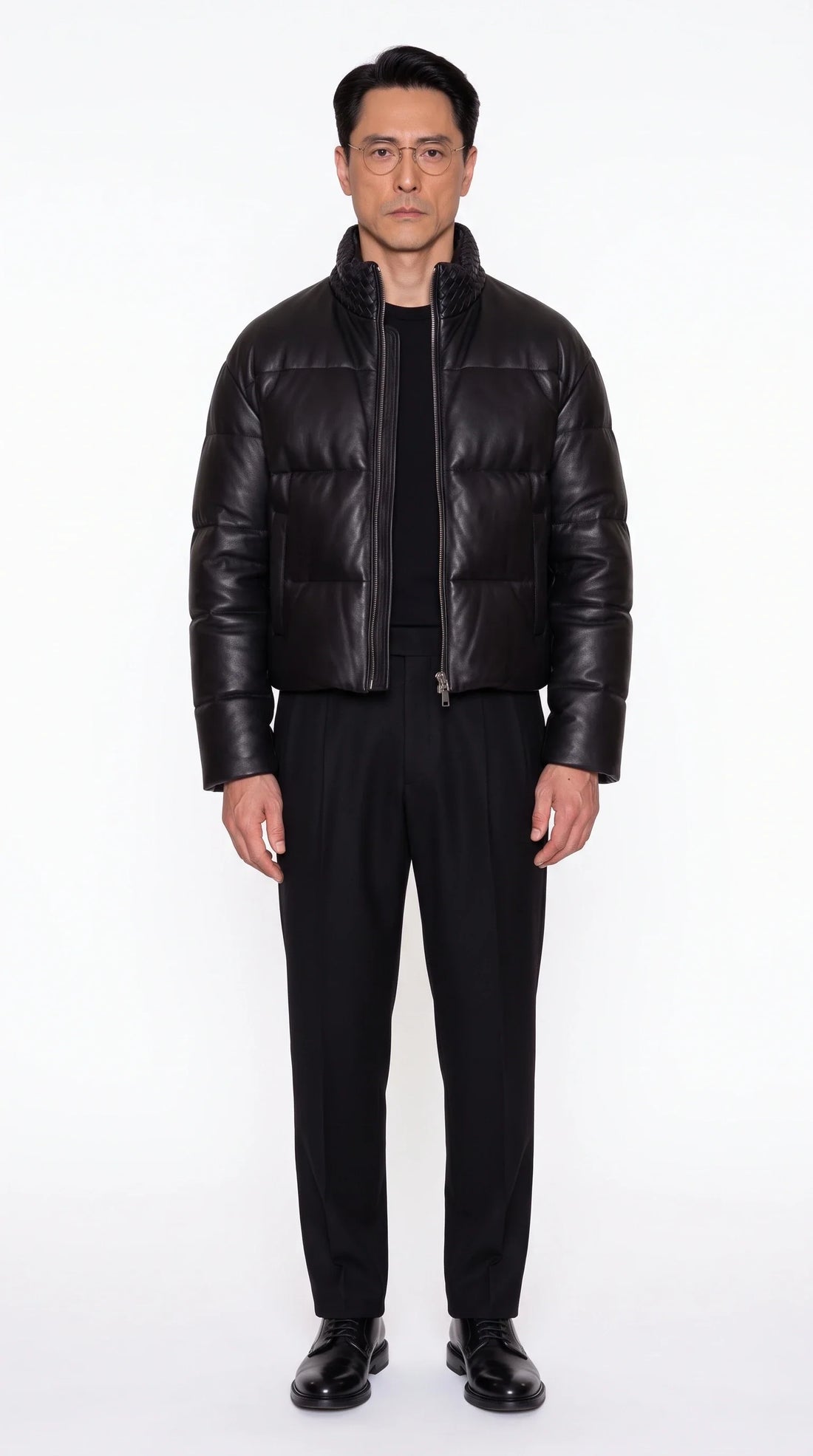 The Noir Cairngorm black lambskin leather puffer jacket with woven-leather stand collar