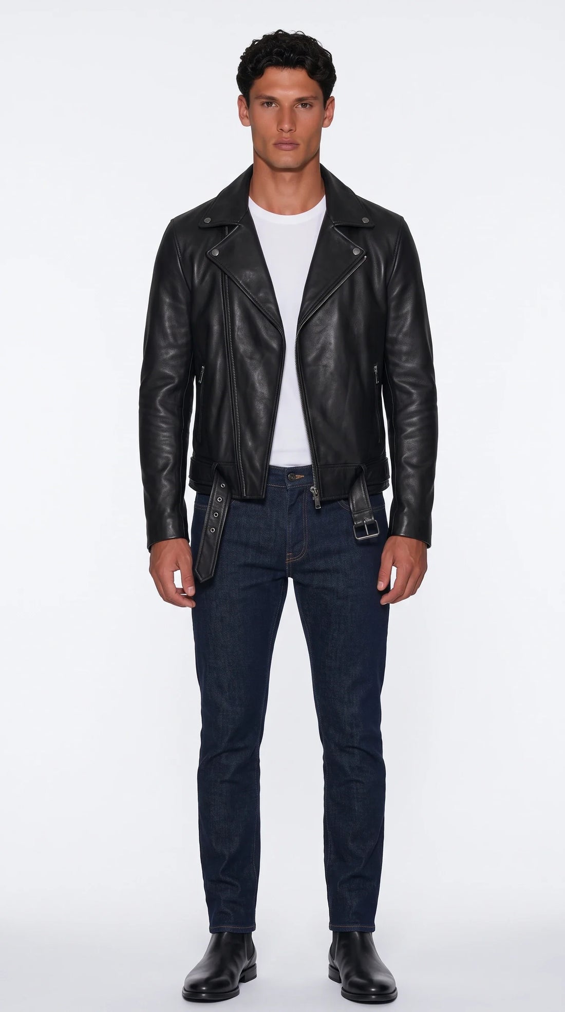 The Noir Soho black leather biker jacket with asymmetric zip and buckled hem belt
