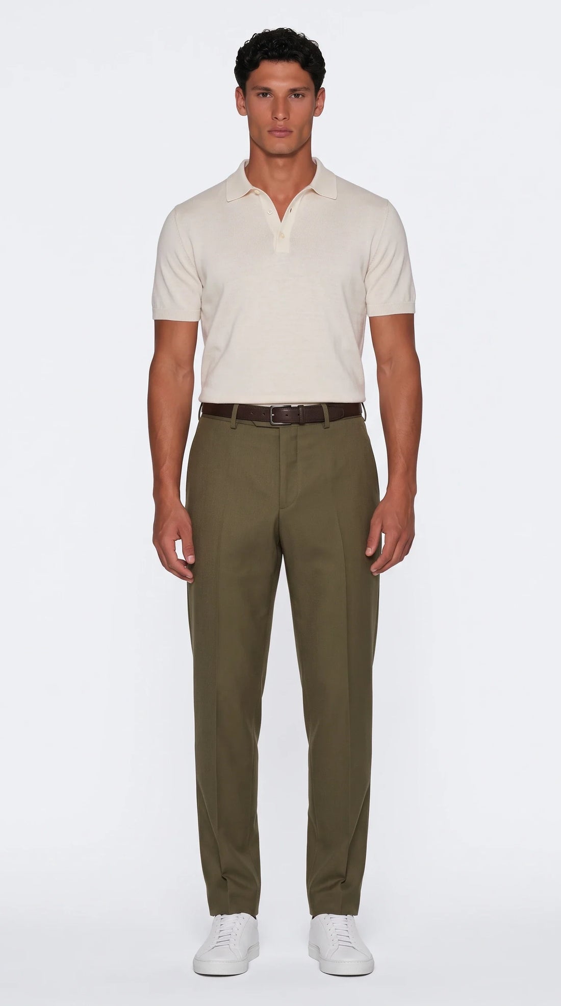 The Noir Slad olive wool relaxed trousers with a pressed front crease