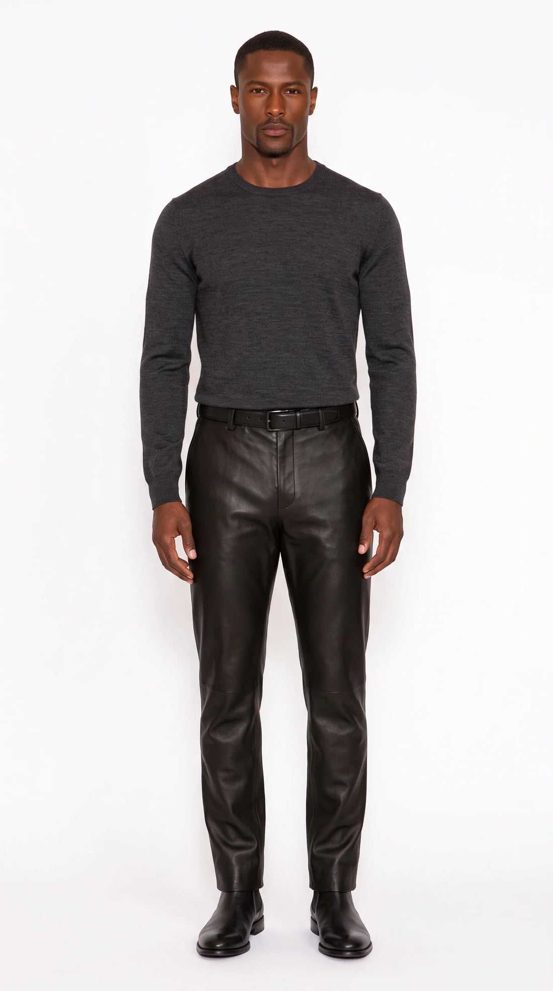 The Noir Malmesbury black leather classic trousers with flat front and slim-straight leg