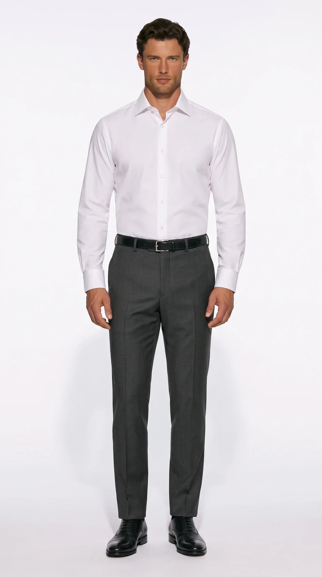 The Noir Burford charcoal wool flat-front formal trousers with pressed crease