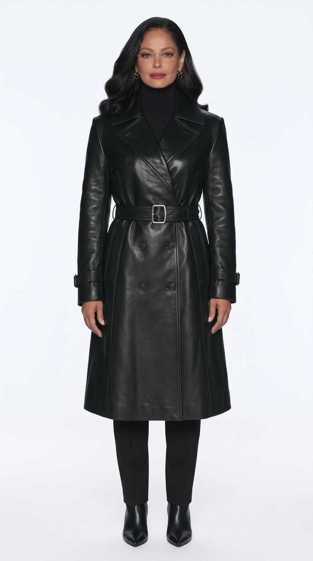 The Noir Cliveden black leather double-breasted trench coat with buckled belt