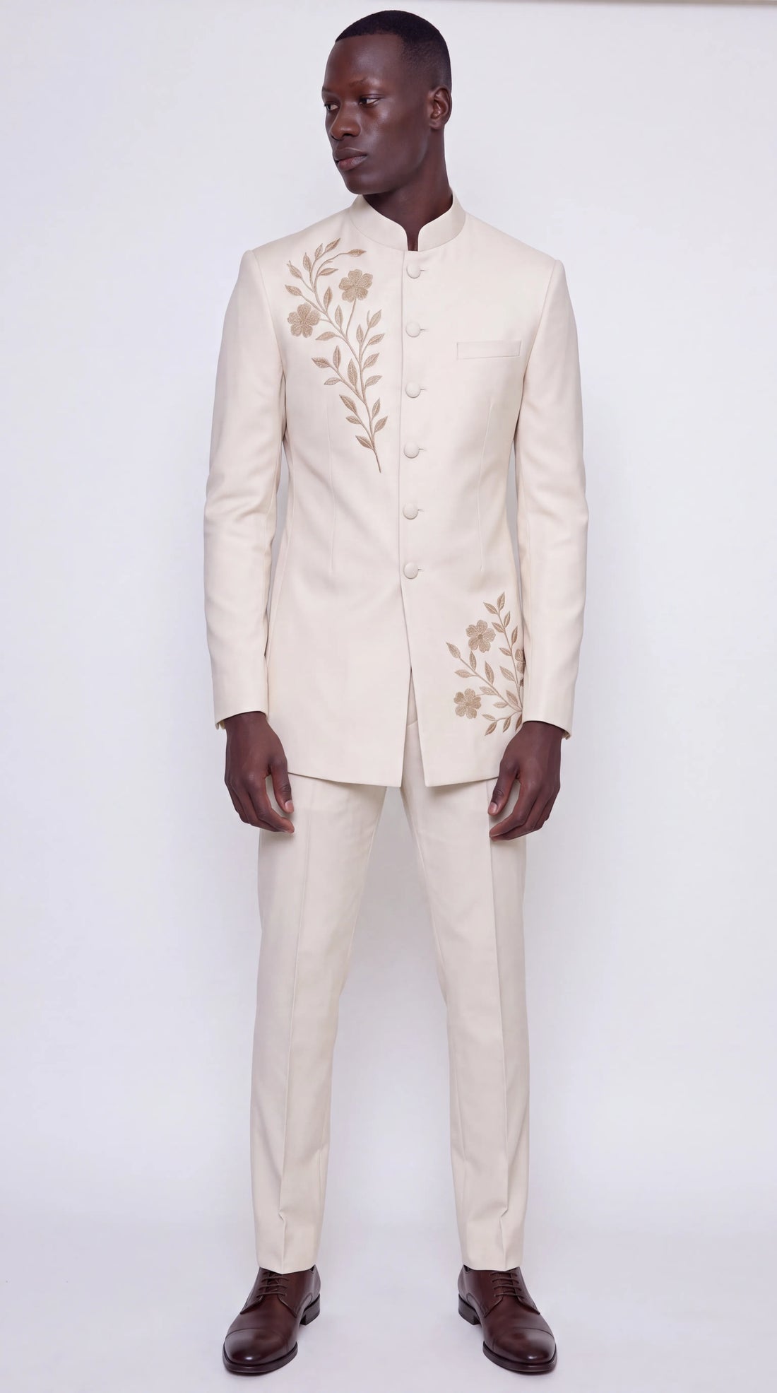 The Noir Aurelia Suit — ivory and gold embroidered suit by CNOIR