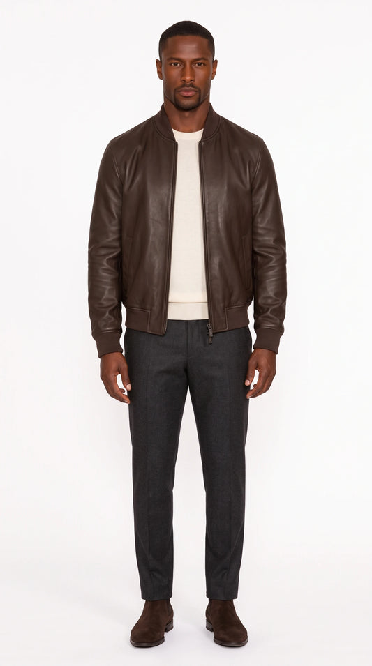 The Noir Mayfair espresso leather bomber jacket by Christopher Noir