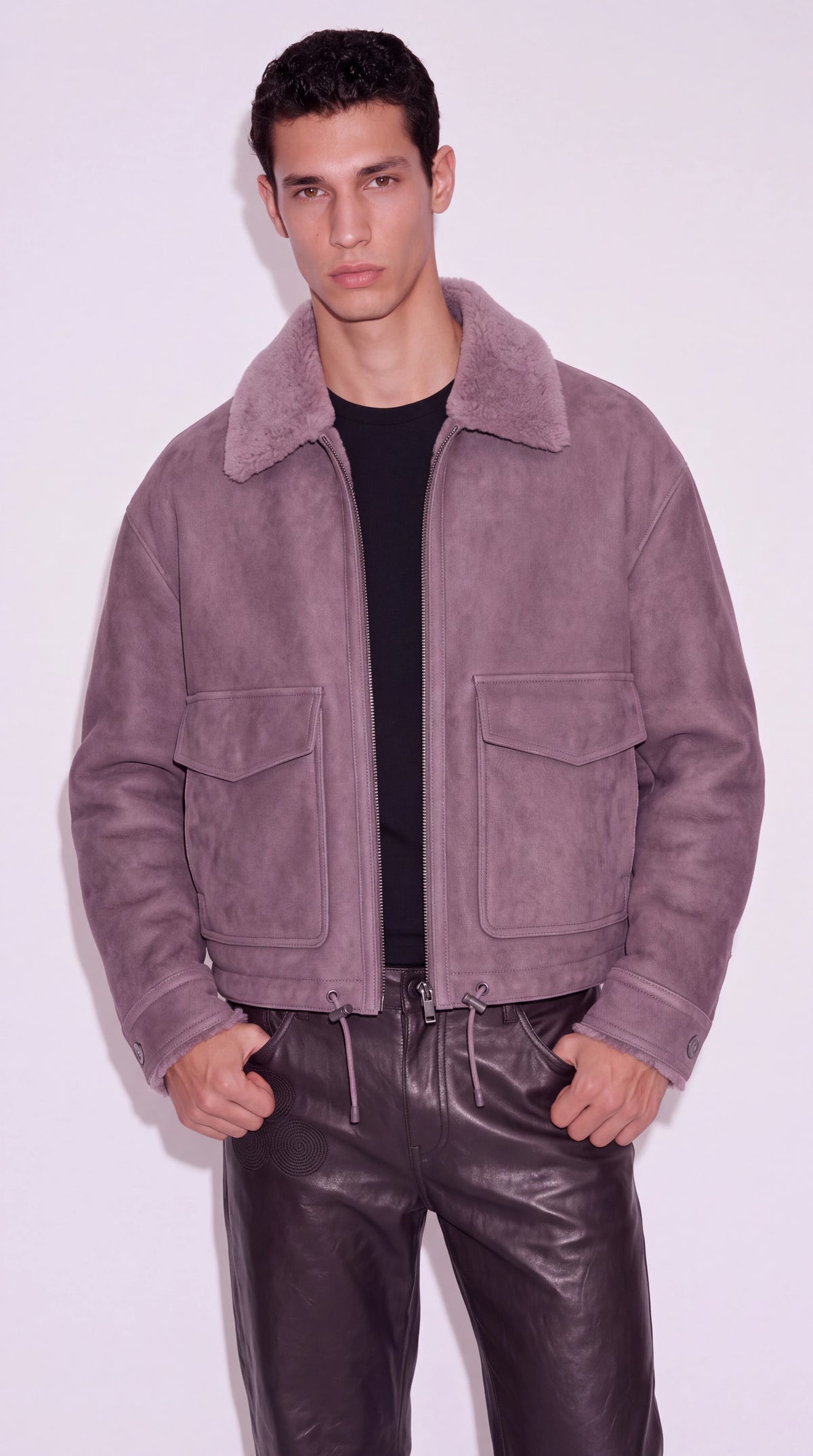 The Noir Hoxton lilac suede shearling flight jacket by Christopher Noir, front view