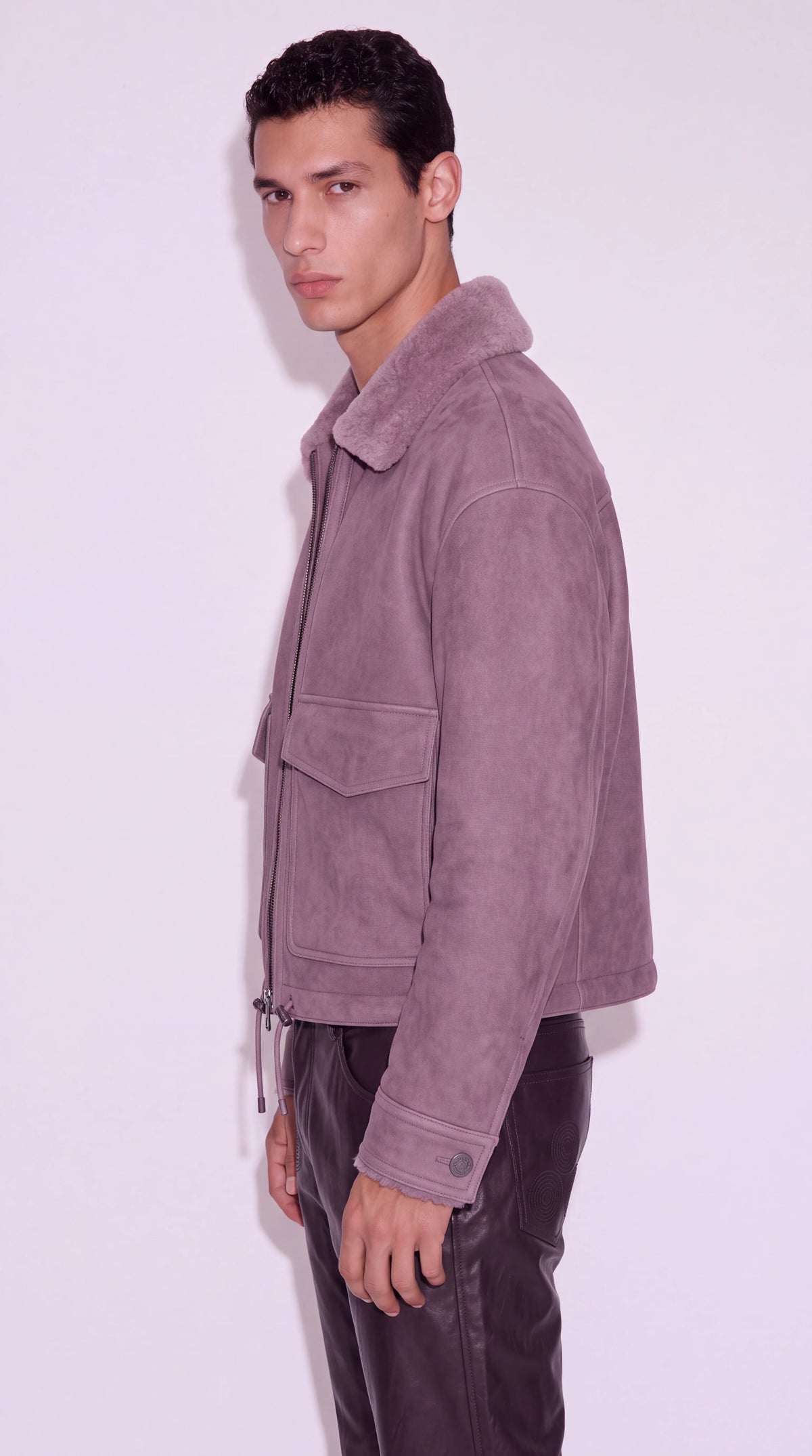 The Noir Hoxton lilac suede shearling flight jacket by Christopher Noir, side view