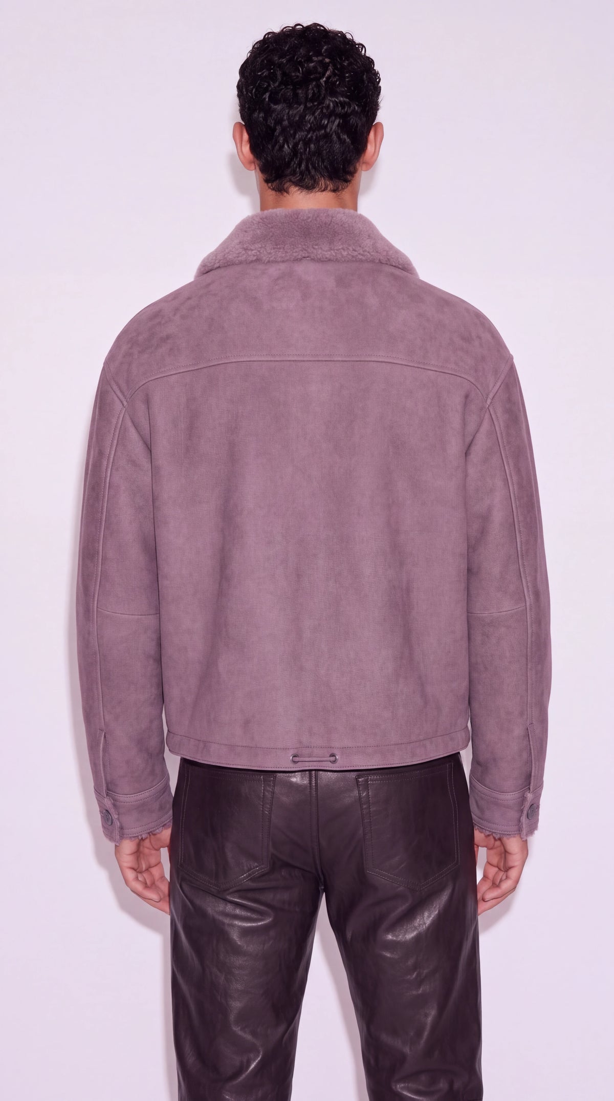 The Noir Hoxton lilac suede shearling flight jacket by Christopher Noir, back view