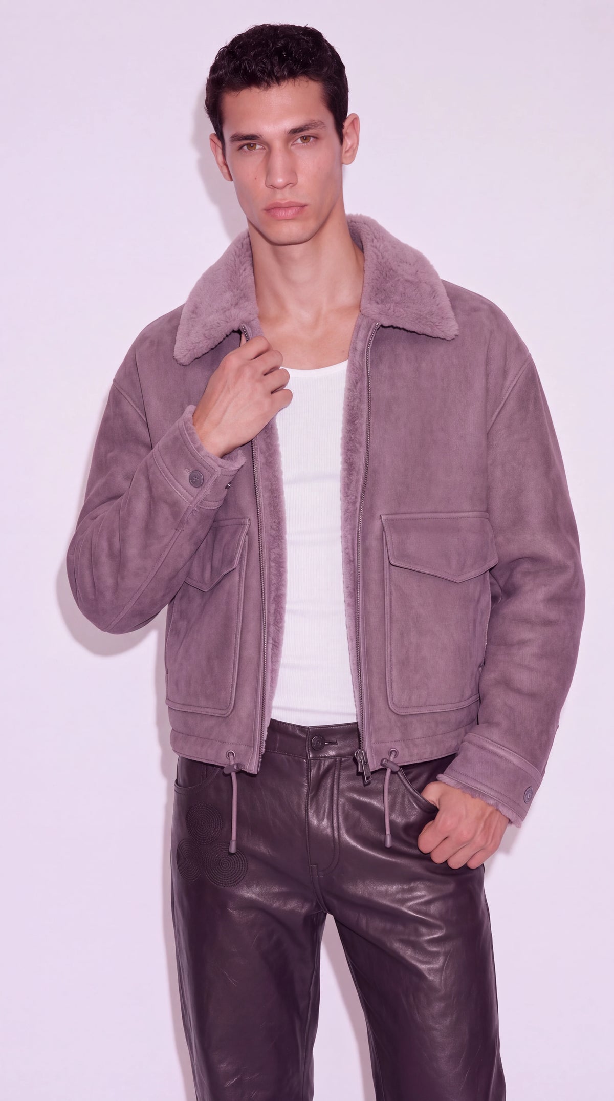The Noir Hoxton lilac suede shearling flight jacket by Christopher Noir, front view, worn open