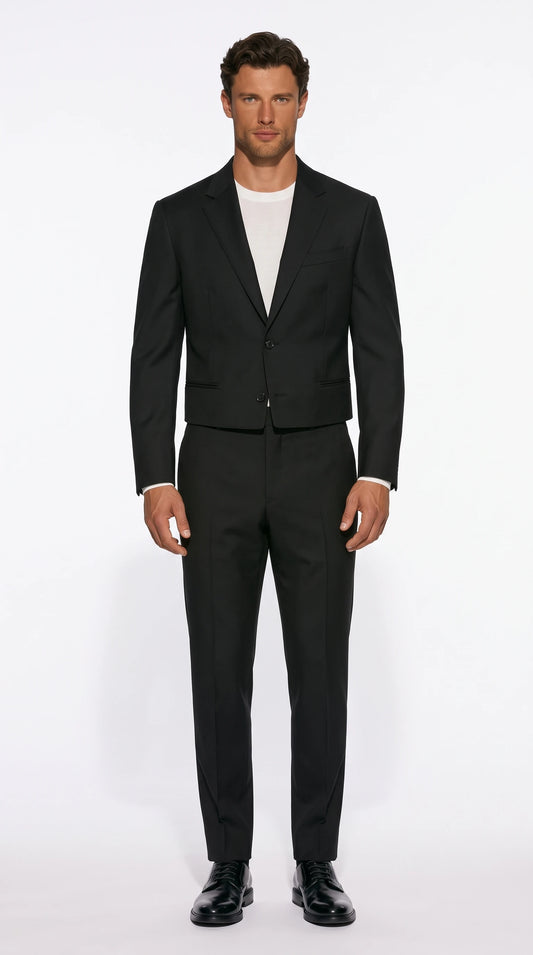 Christopher Noir Cropped-Jacket Suit in black, shown with a cropped two-button jacket and tailored trousers