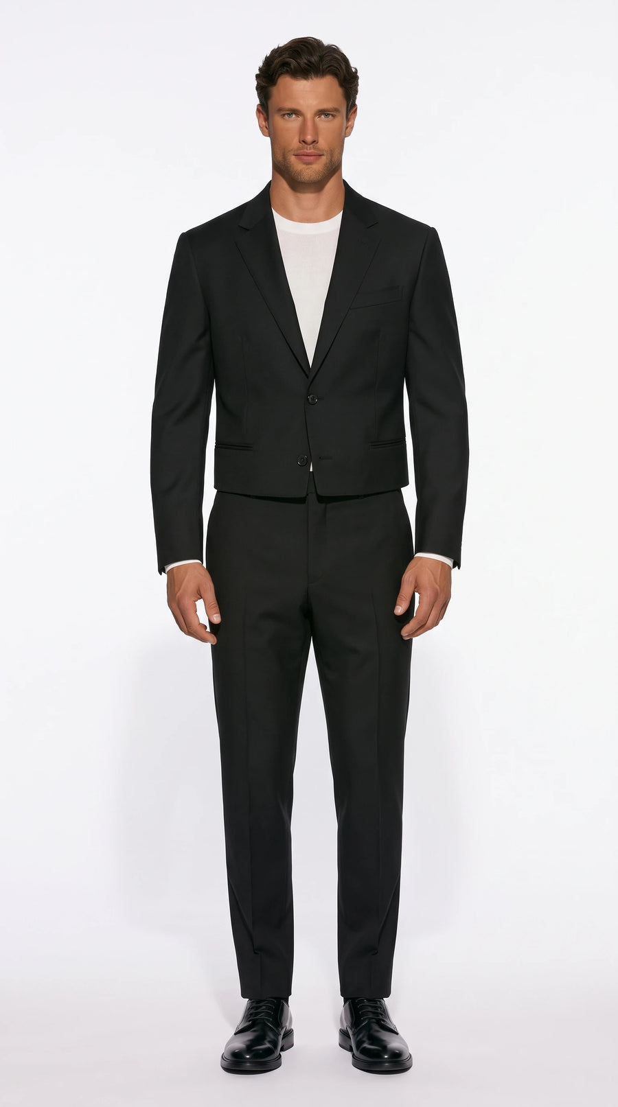 Christopher Noir Cropped-Jacket Suit in black, shown with a cropped two-button jacket and tailored trousers