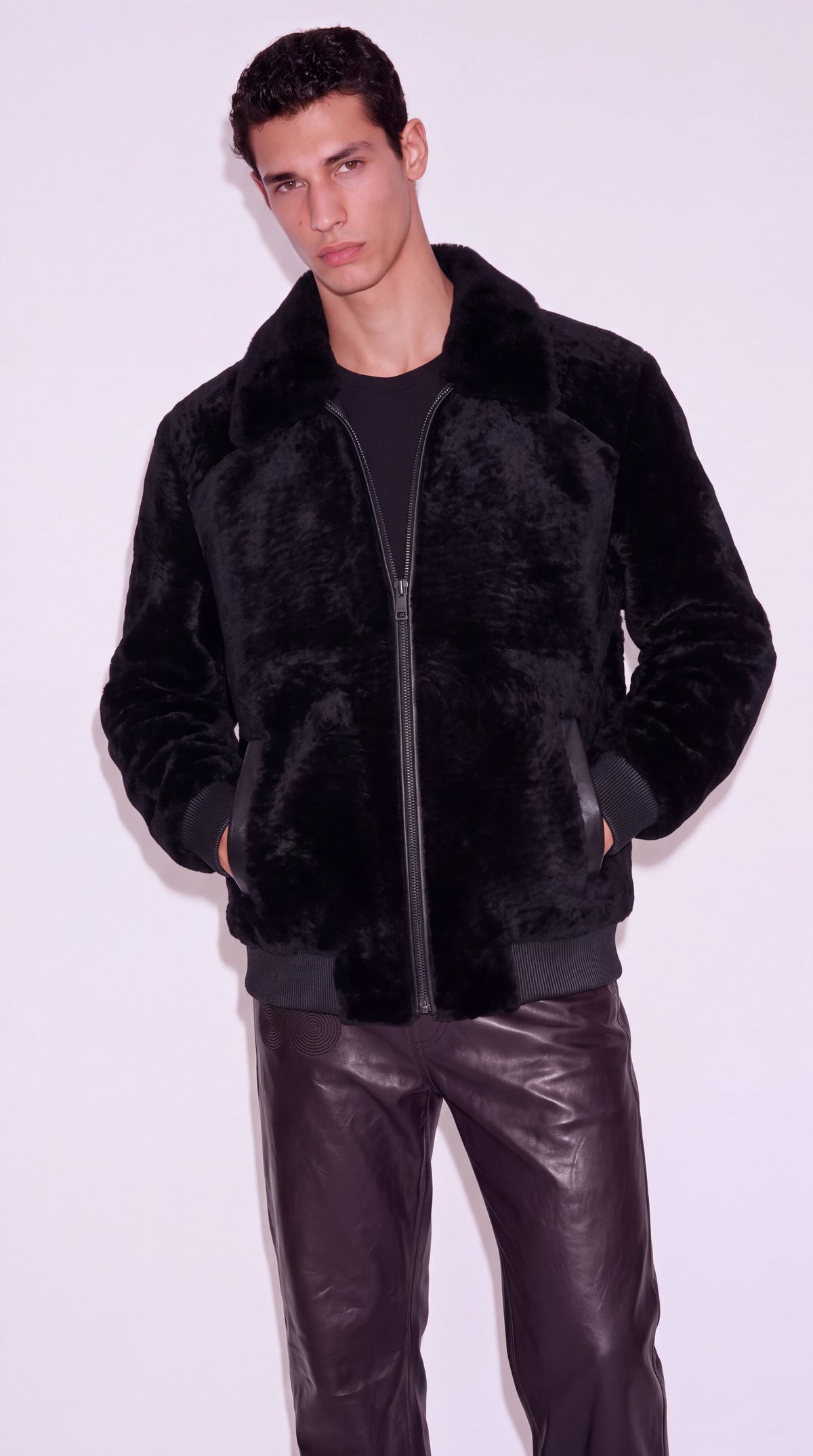 The Noir Greenwich black shearling bomber jacket by Christopher Noir, front view