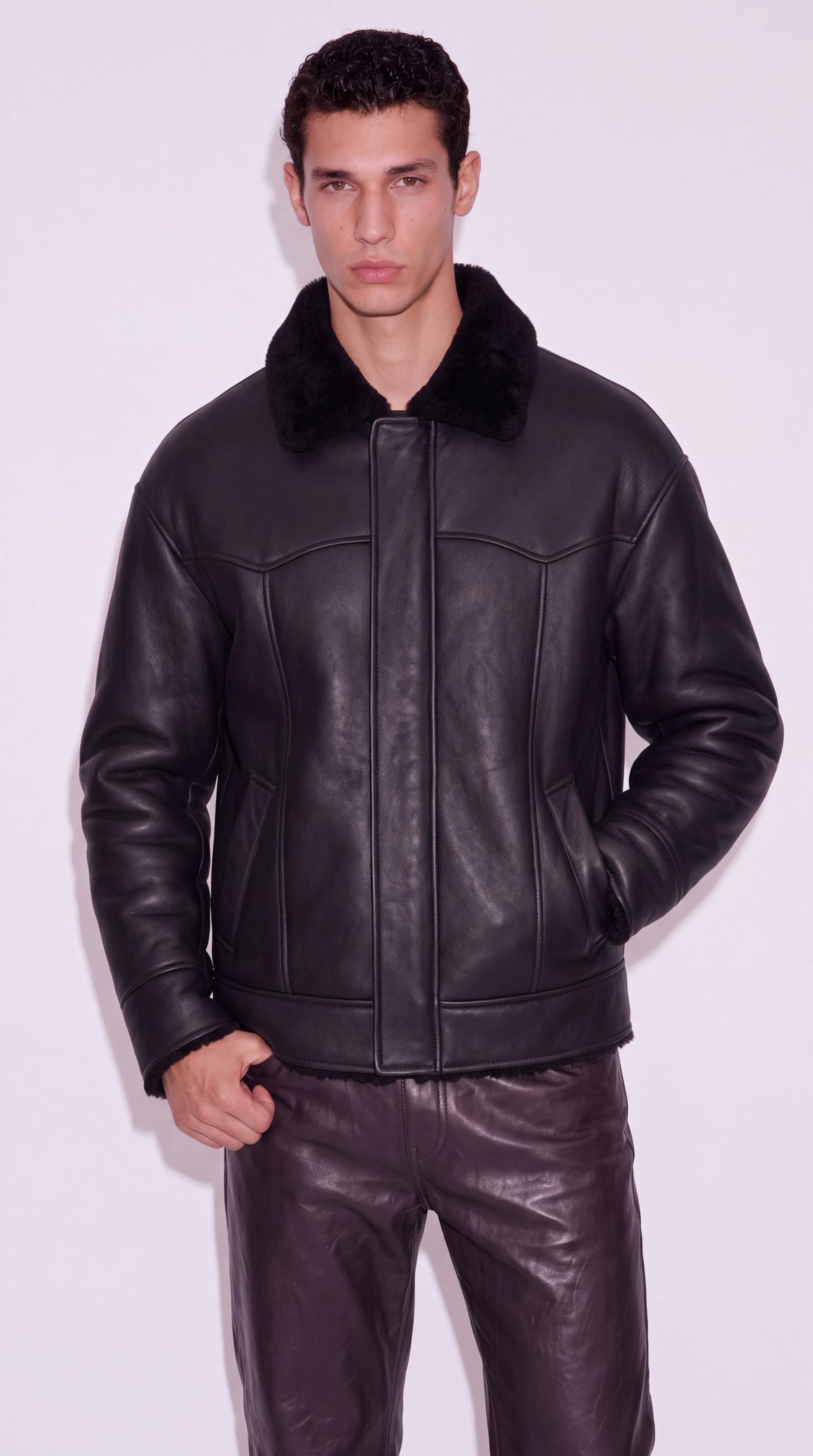 The Noir Aldgate black nappa shearling aviator jacket by Christopher Noir, front view