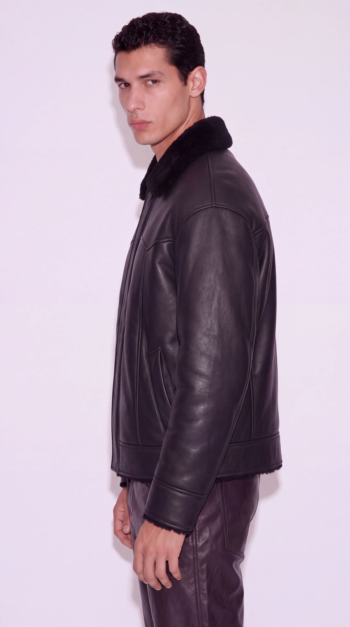 The Noir Aldgate black nappa shearling aviator jacket by Christopher Noir, side view